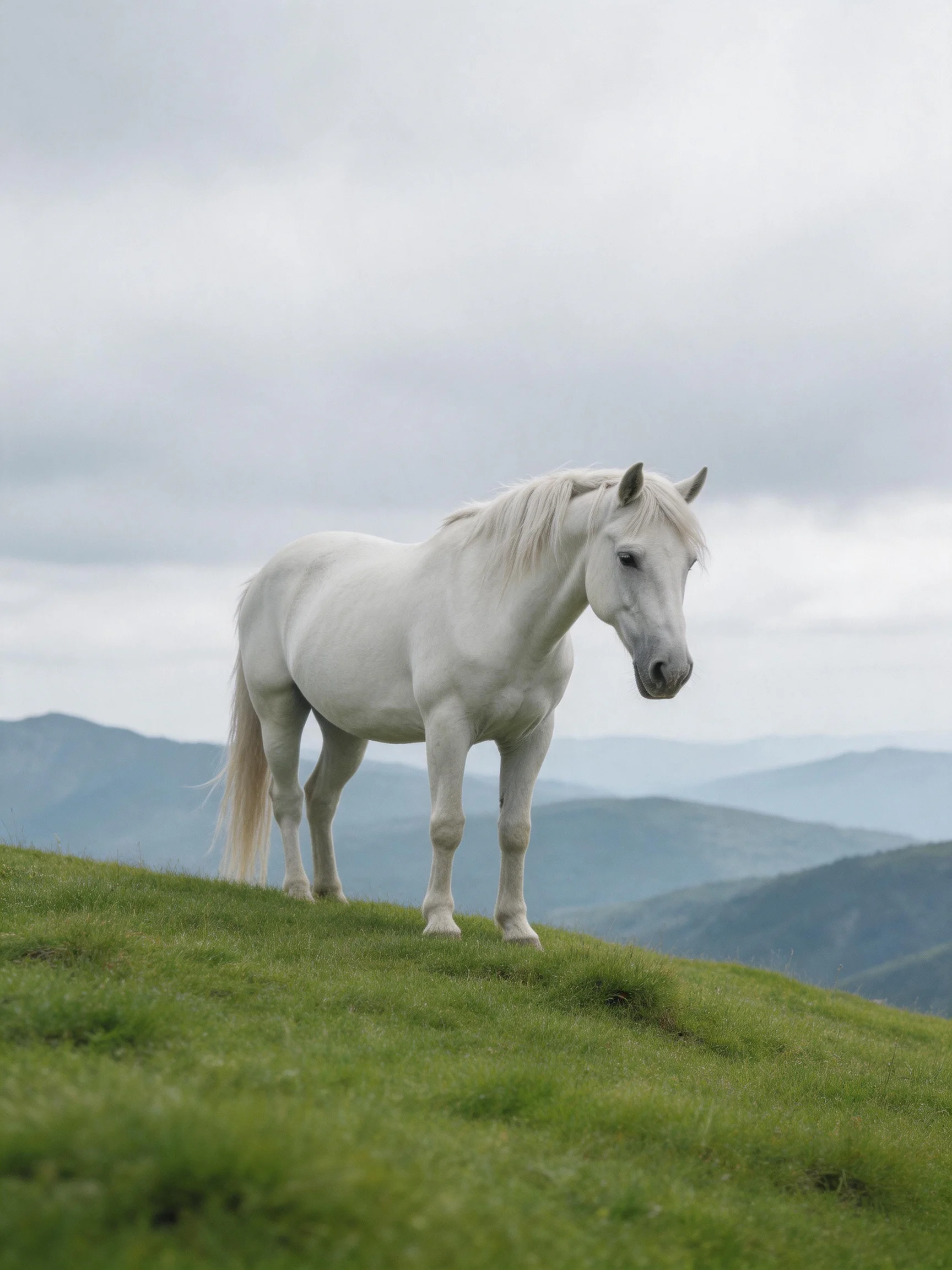A single white horse stands on a verdant hillside with misty mountains