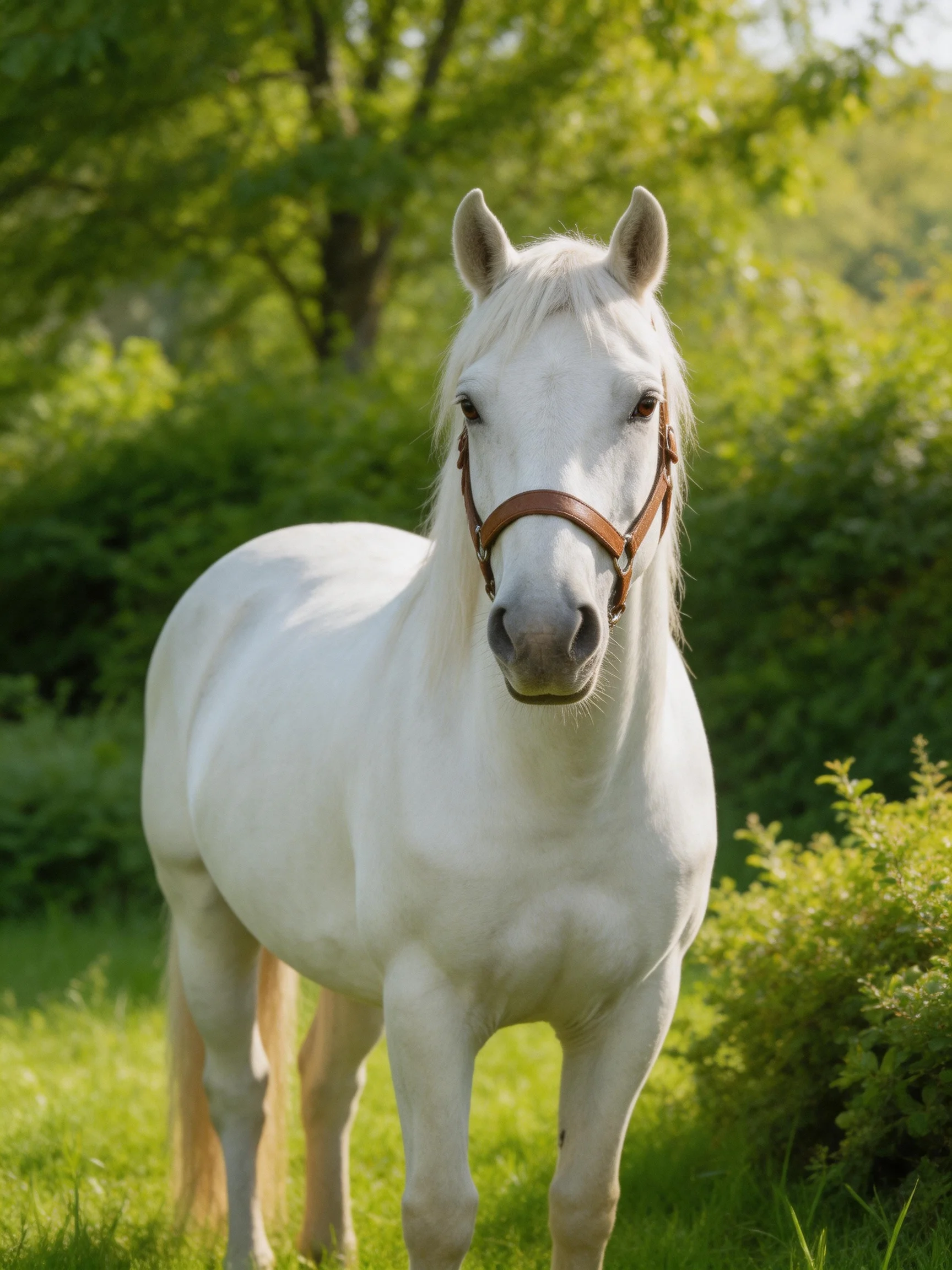 A white horse stands peacefully among dense greenery.