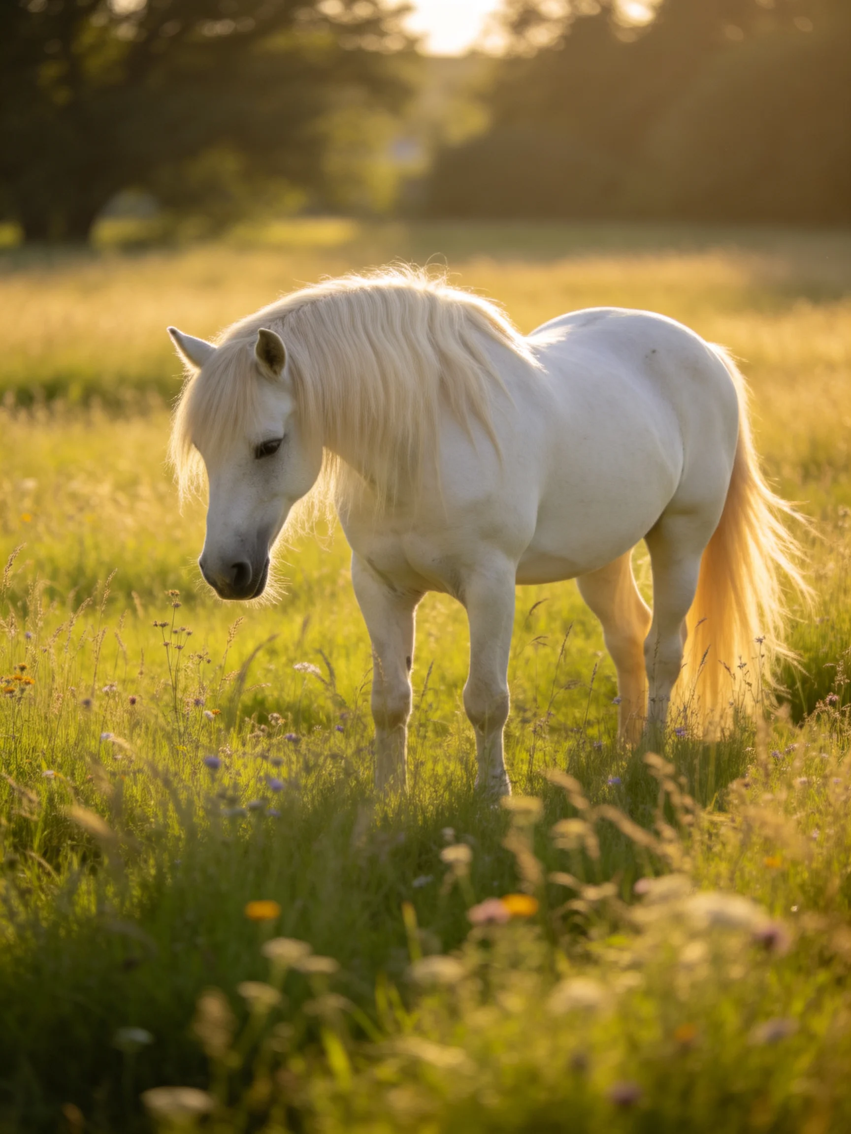 A single white pony stands in a sunlit meadow of tall green grass