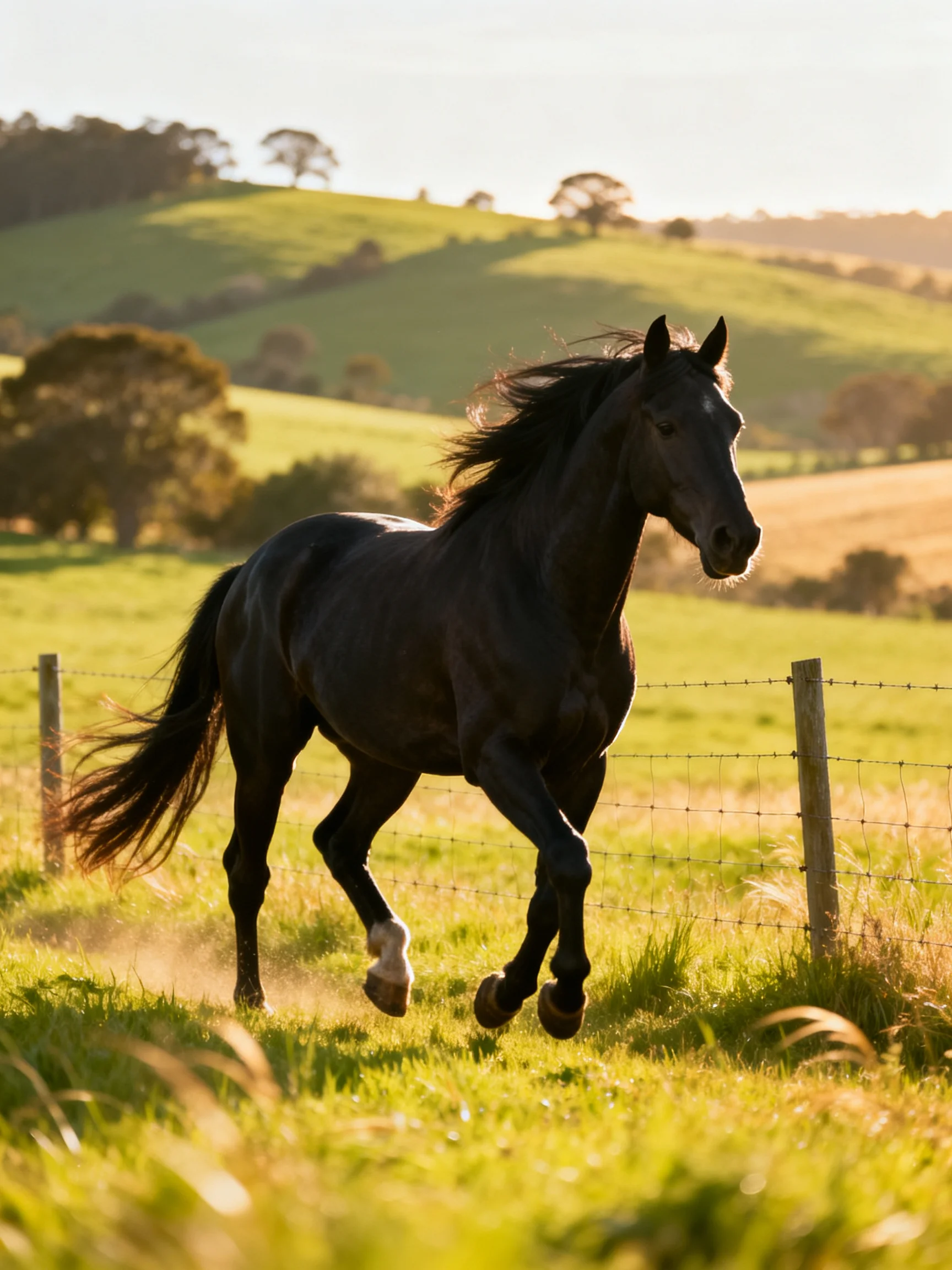A sleek black horse galloping through a sunlit green pasture