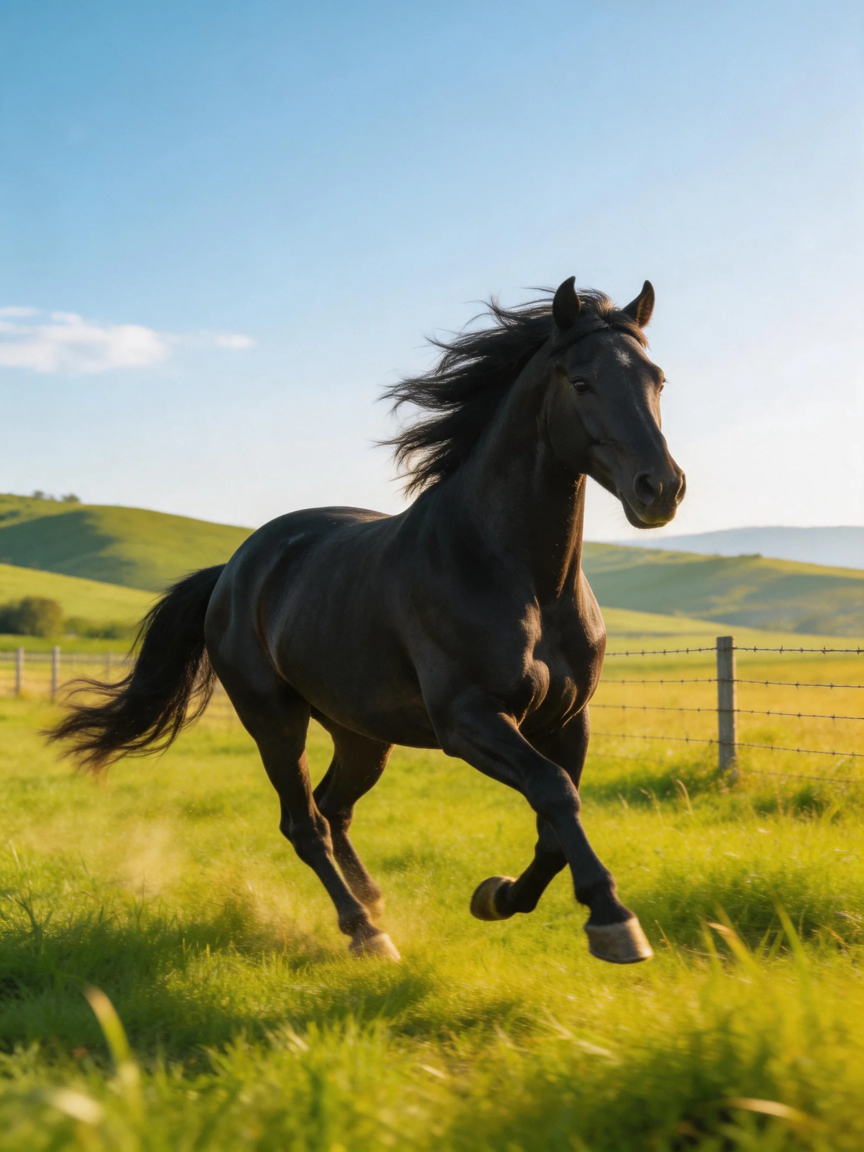 A sleek black horse galloping through a sunlit green pasture