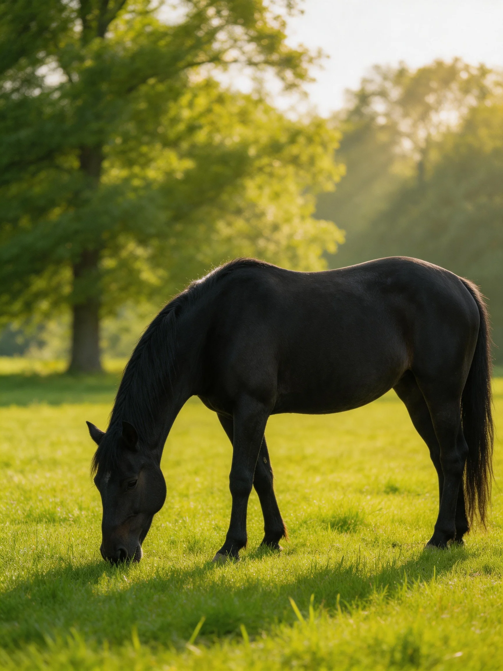 A sleek black horse grazing in a sunlit green meadow near tall trees