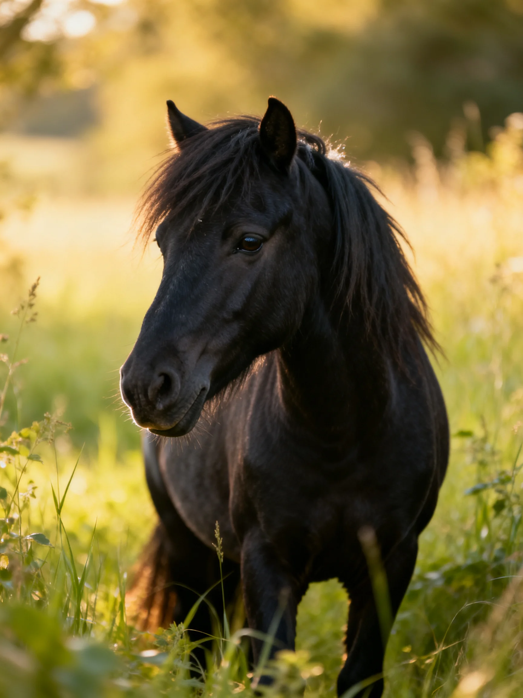 A sleek black horse in a sunlit meadow with tall green grasses