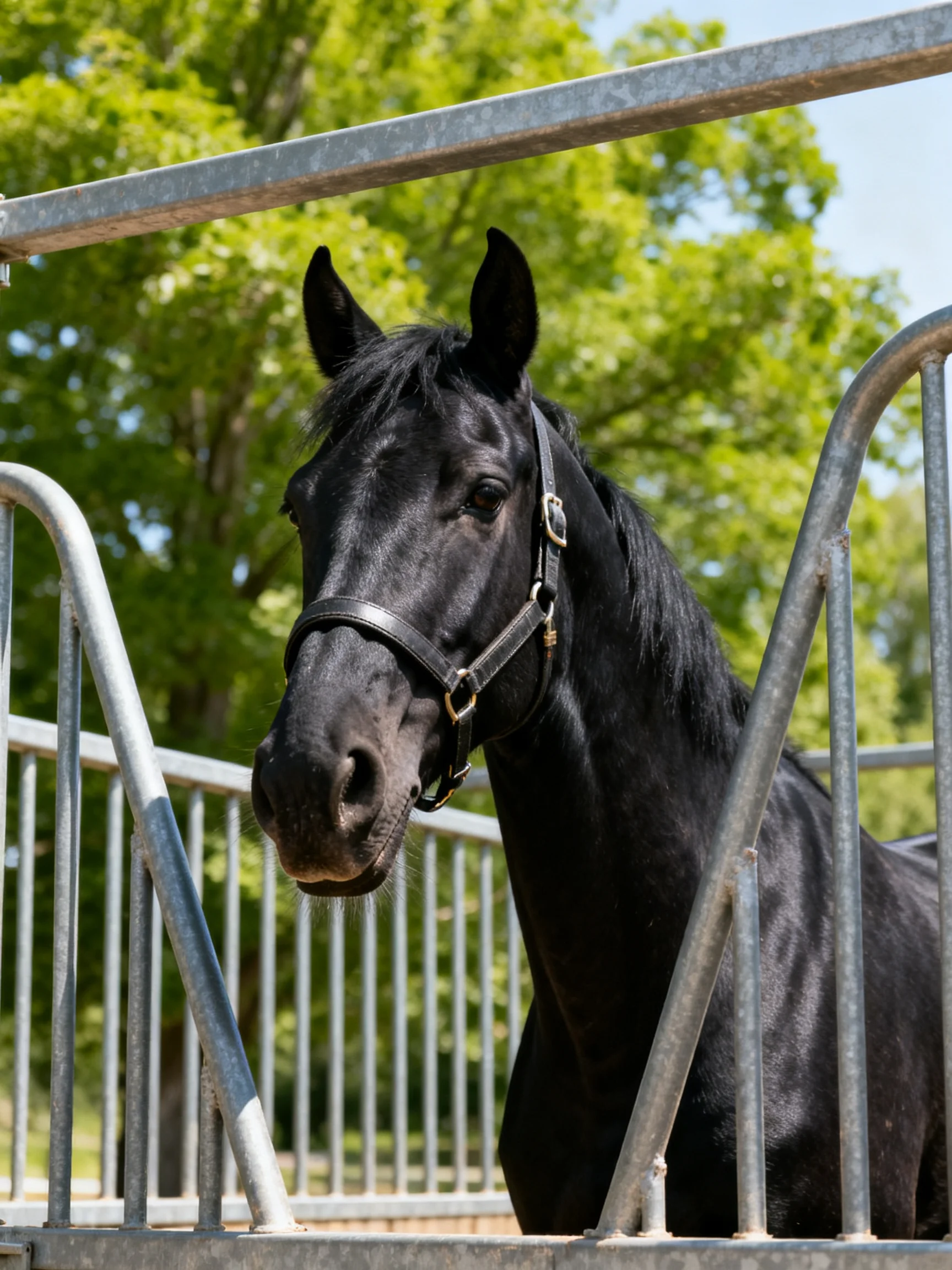 A sleek black horse near metal railings with green trees