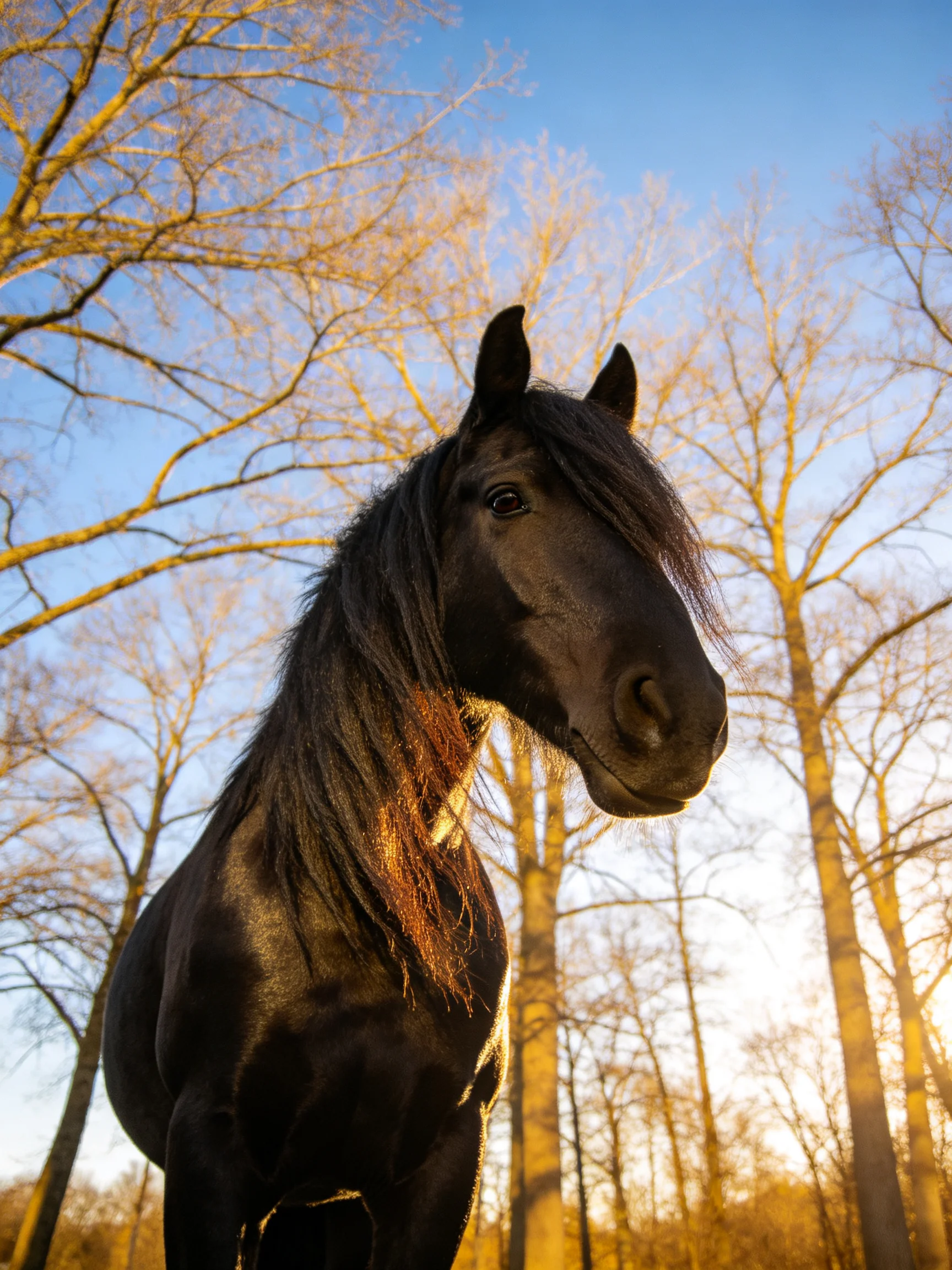 A sleek black horse near tall leafless golden trees under blue sky