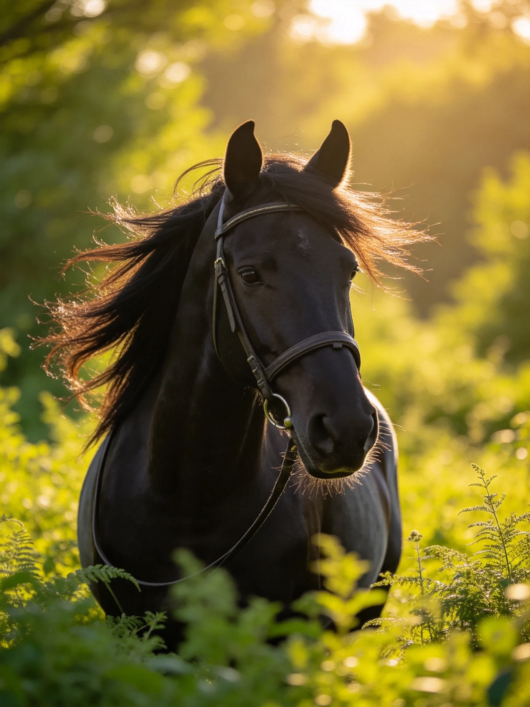 A sleek black horse stands amid lush greenery under golden sunlight