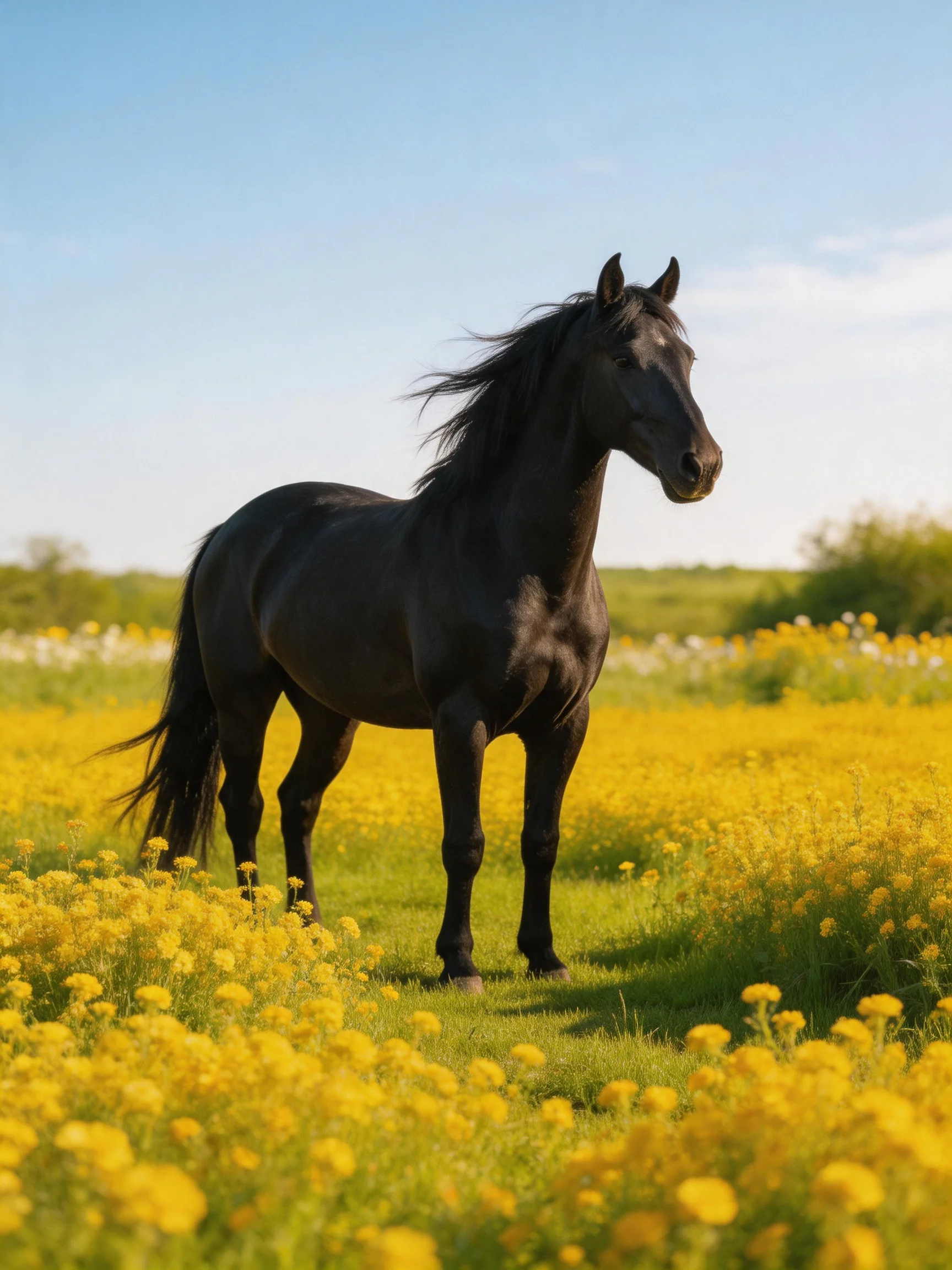A black horse stands in a field of yellow flowers under a clear blue sky.