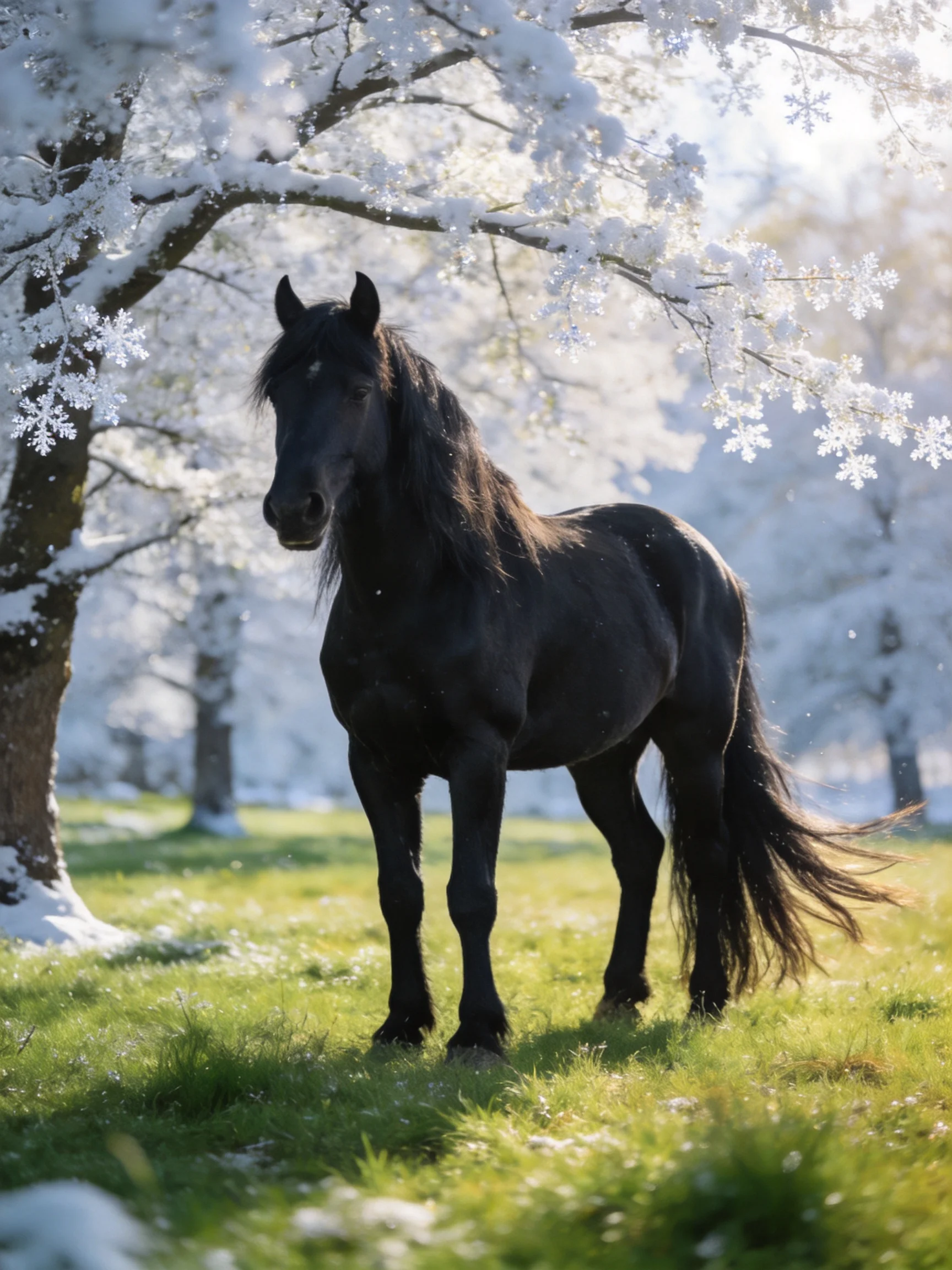 A sleek black horse stands among snow-dusted trees and green meadow
