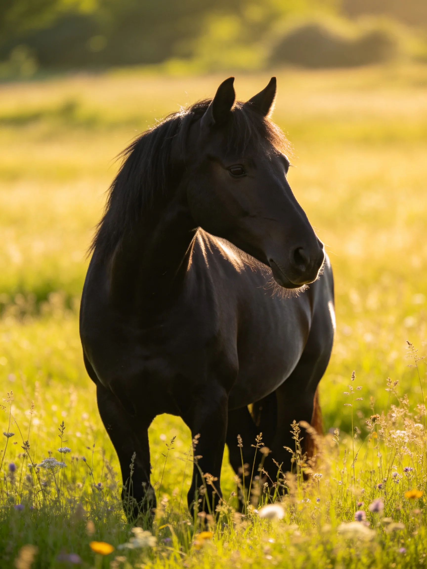 A sleek black horse stands in a sun-drenched green meadow