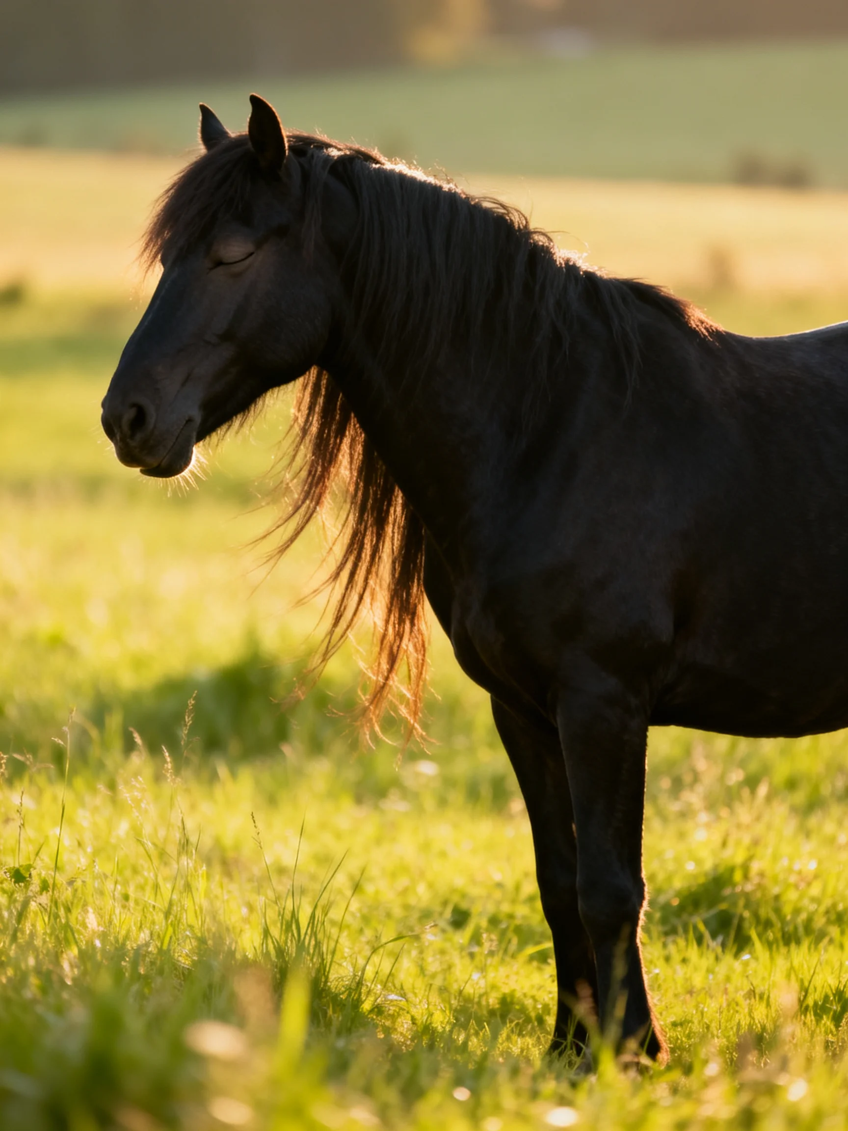A sleek black horse stands in a sun-drenched green meadow