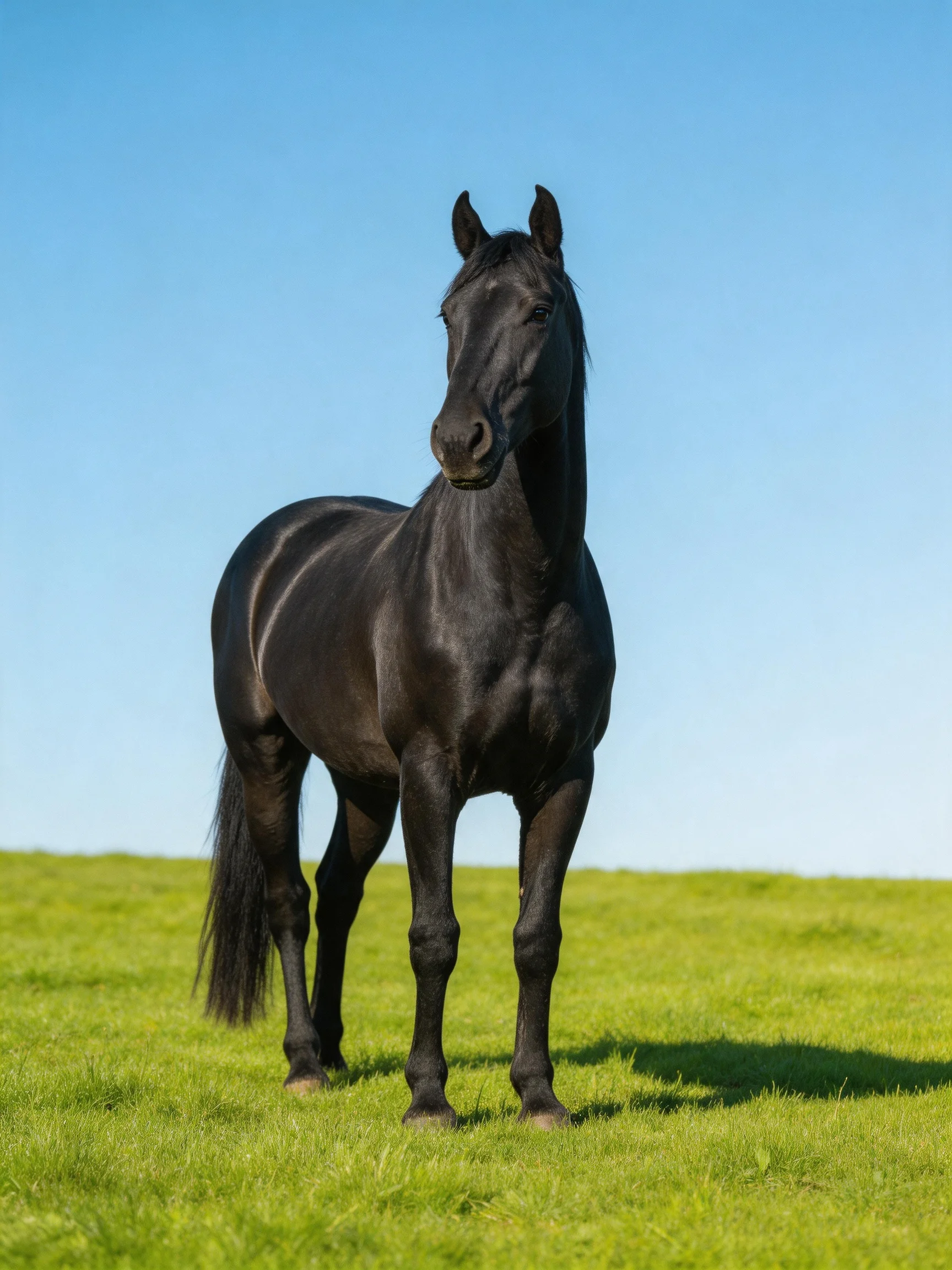 A sleek black horse stands in a vibrant green meadow beneath clear blue sky