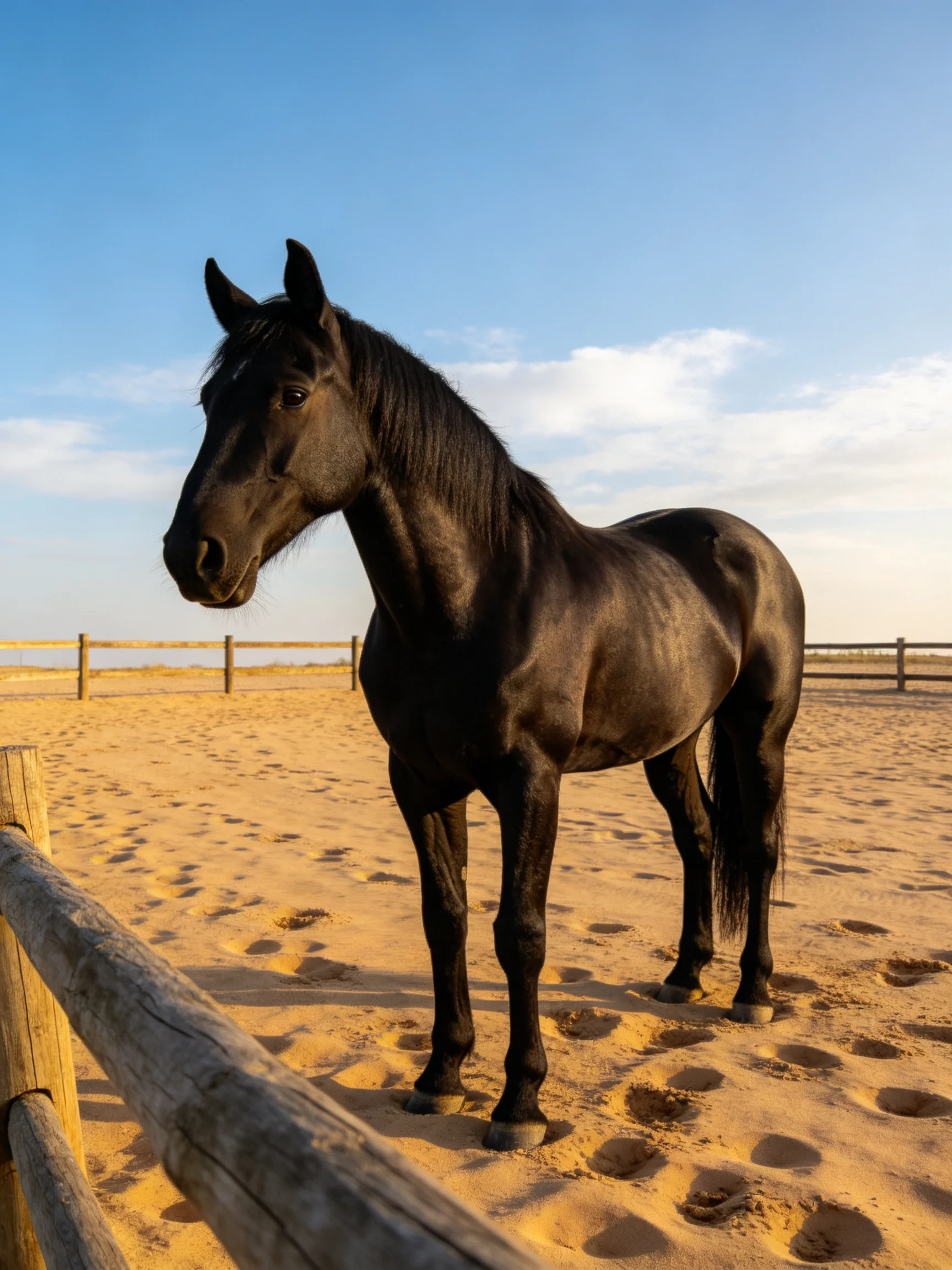 A sleek black horse stands in an open sandy enclosure