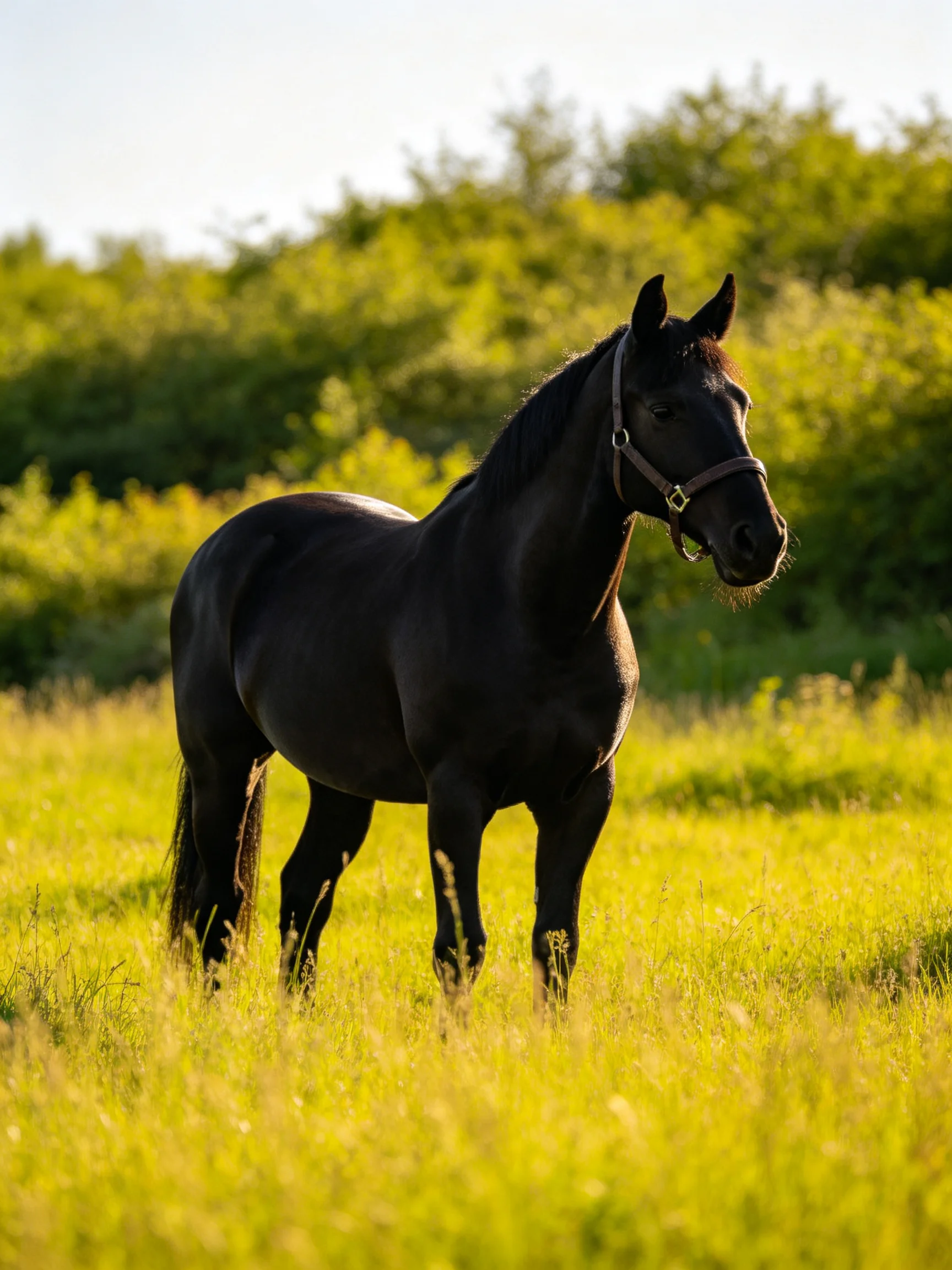 A sleek black horse stands ina sunlit yellow-green meadow