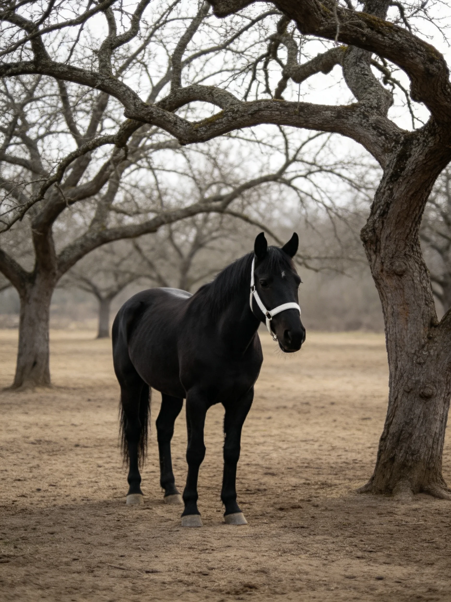 A black horse stands calmly among leafless trees in an open area.