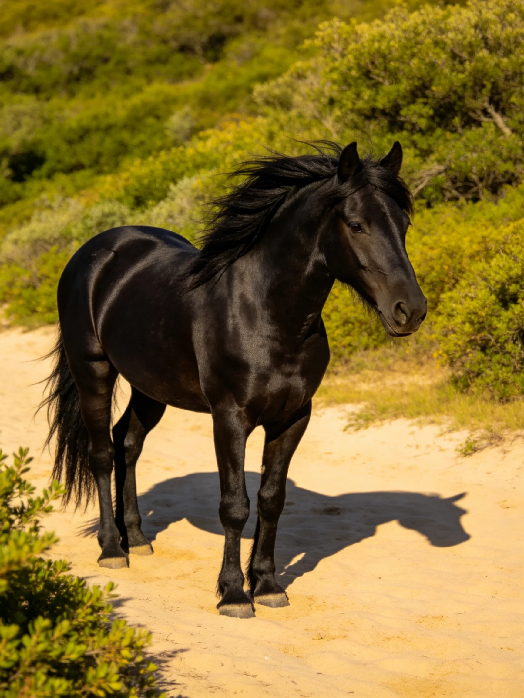 A sleek black horse stands on a sandy path near lush green bushes