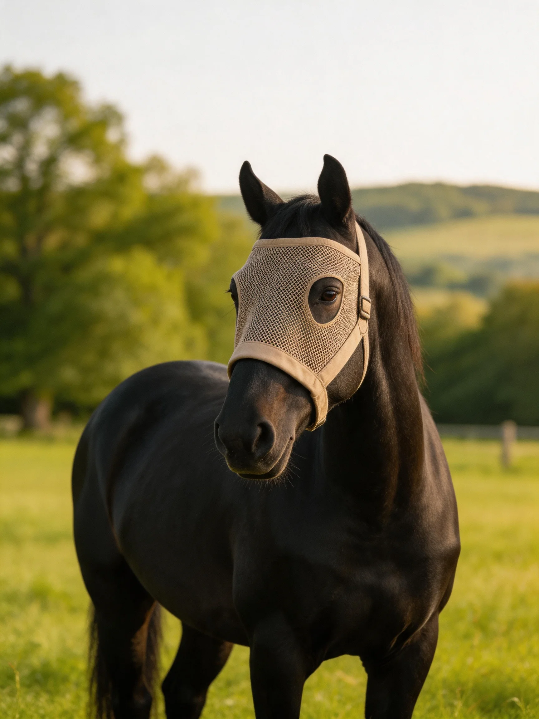 A sleek black horse wearing a beige fly mask in a lush green meadow