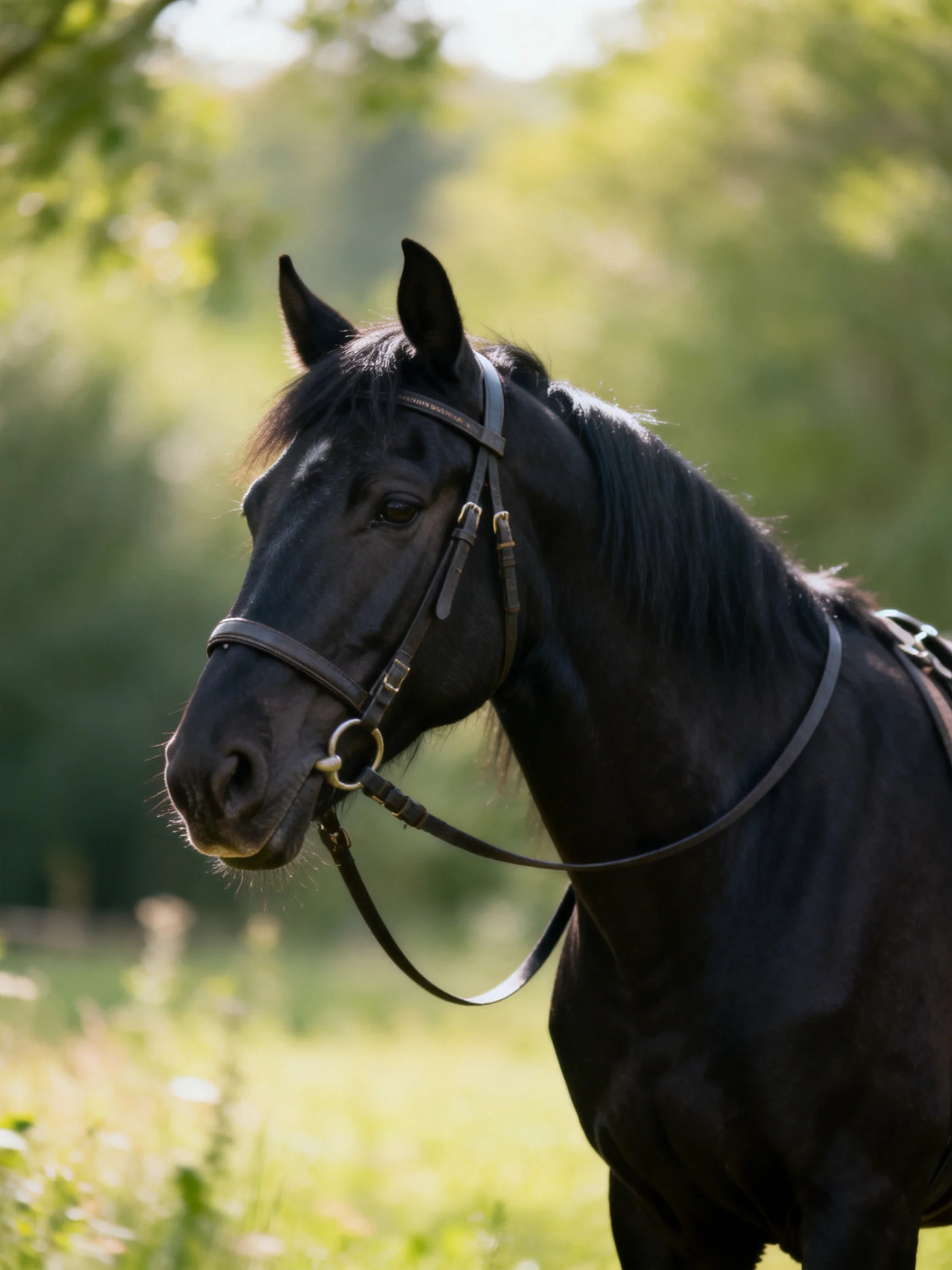 A sleek black horse with a bridle in a sunlit meadow