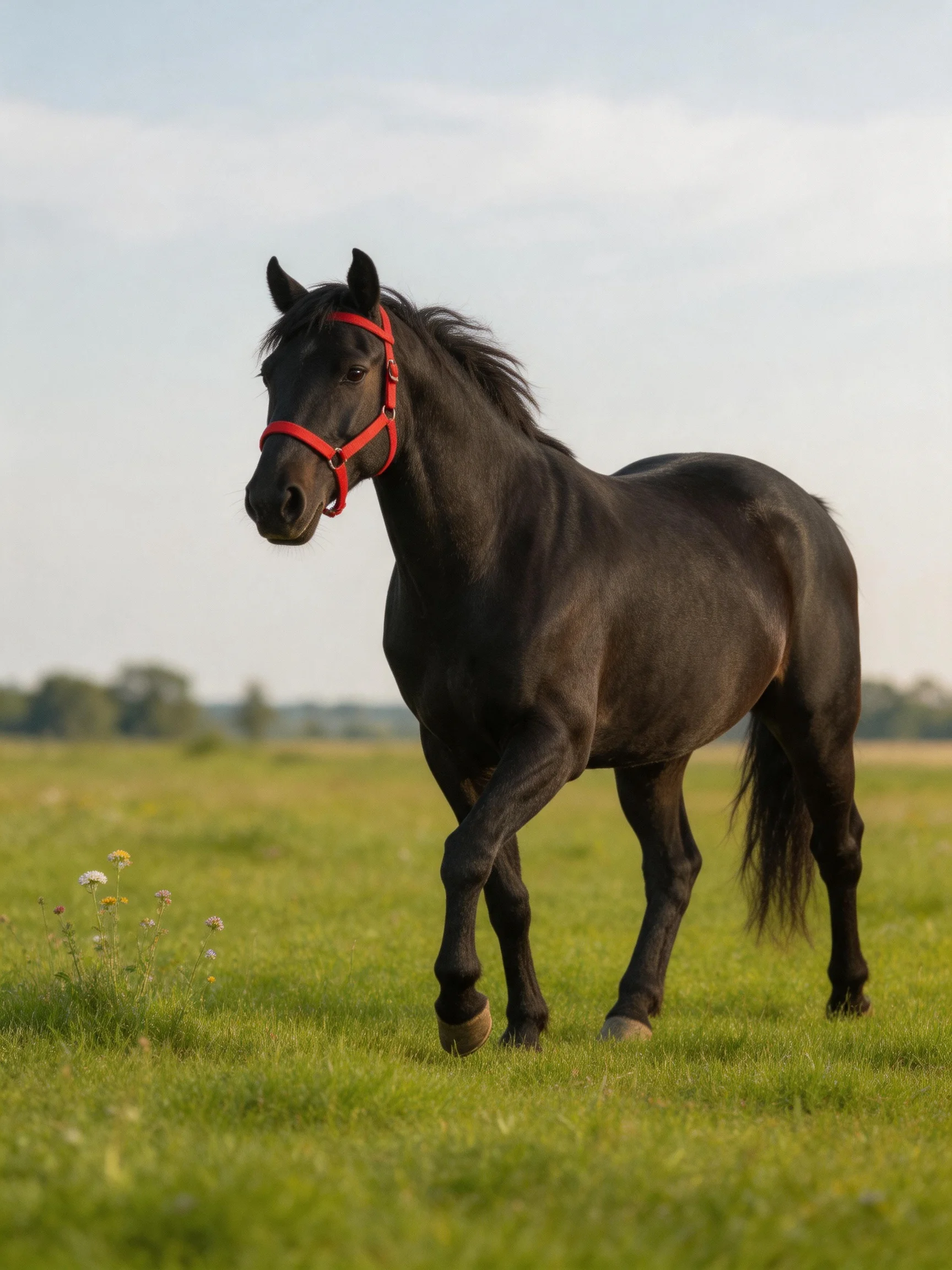 A black horse with a red halter moves through a green open field.