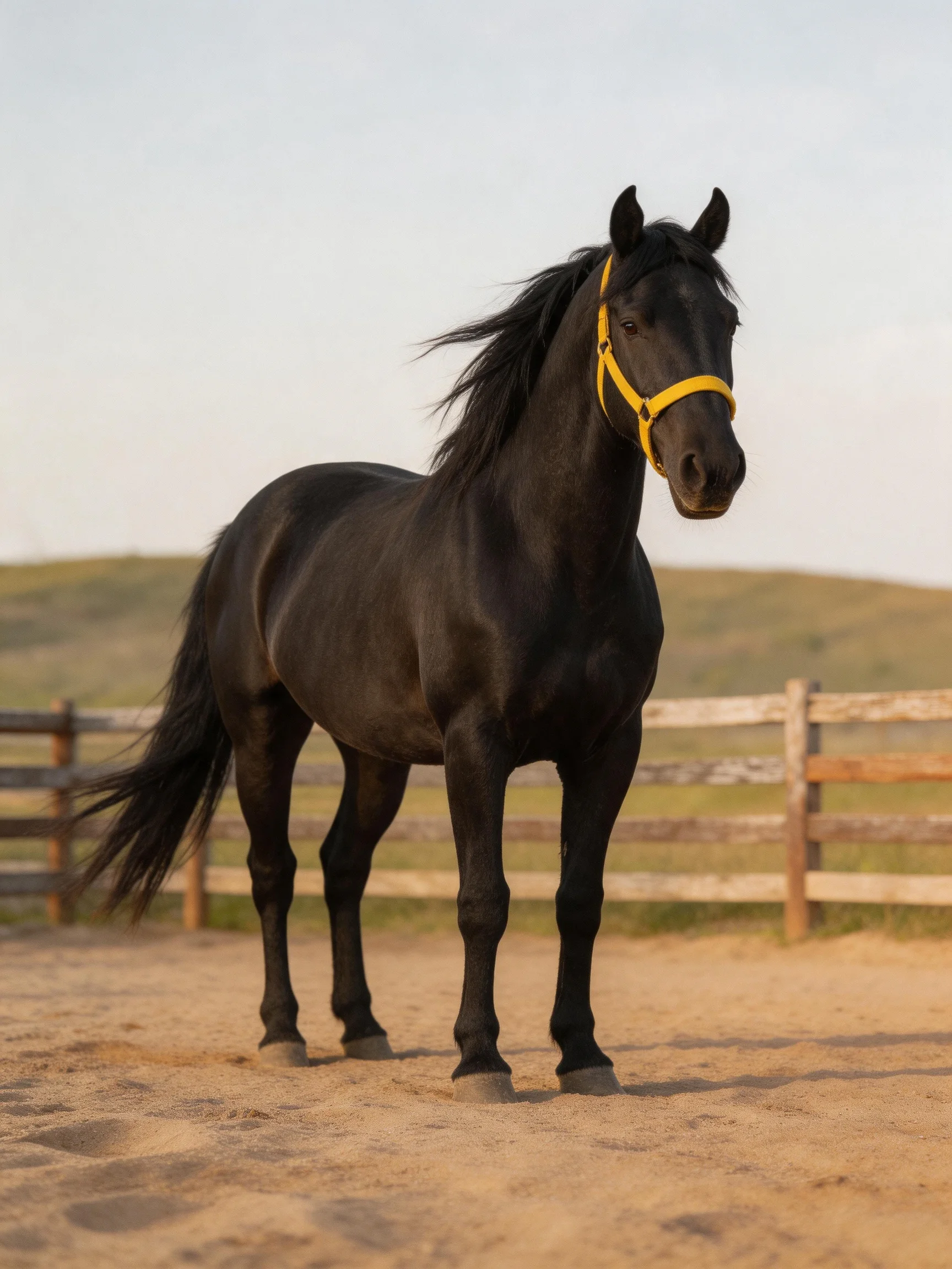 A black horse wearing a yellow halter stands in a sandy outdoor enclosure.