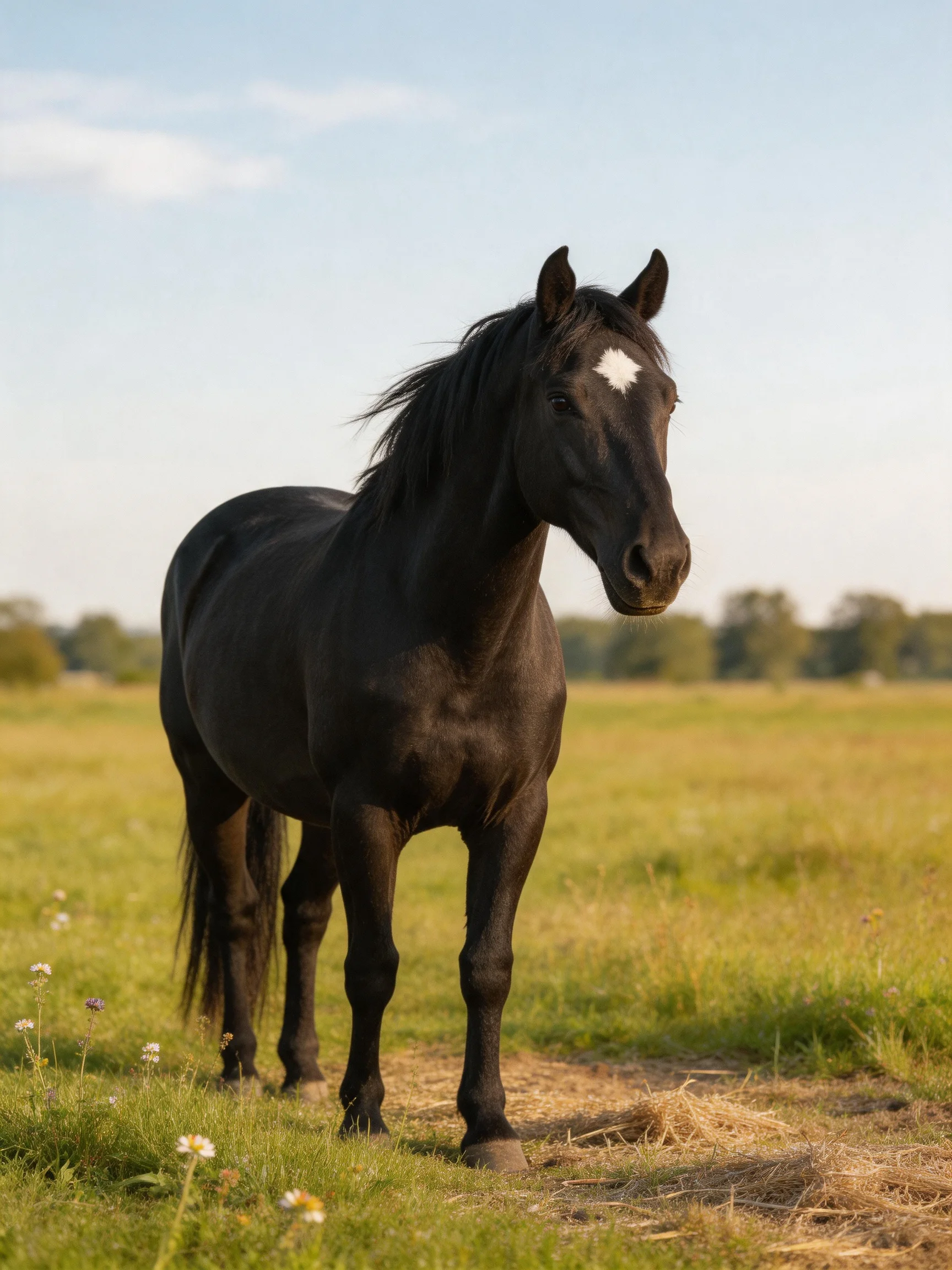 A black horse with a white facial marking stands in a sunlit grassy field.