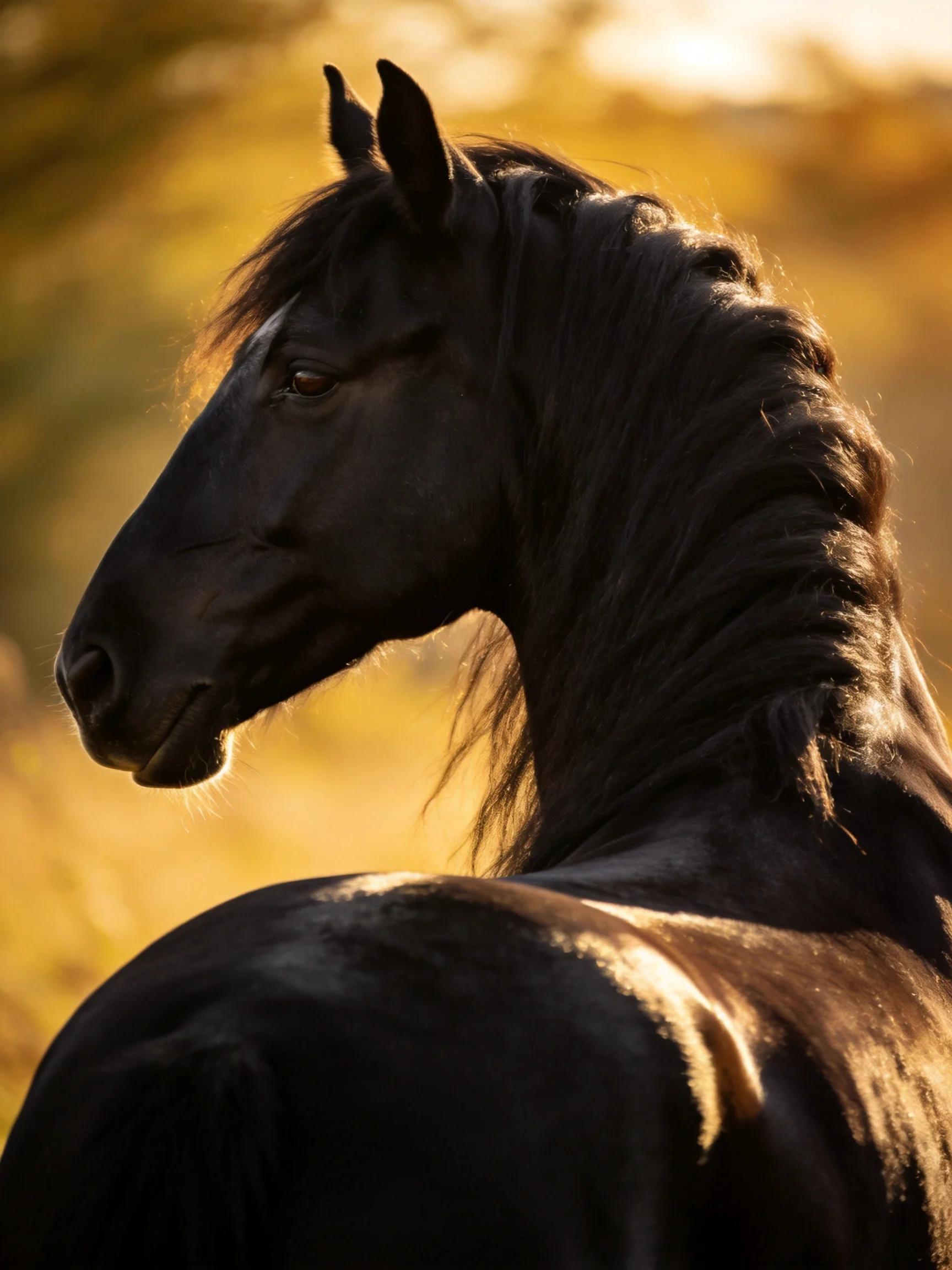 A sleek black horse with braided mane in golden light
