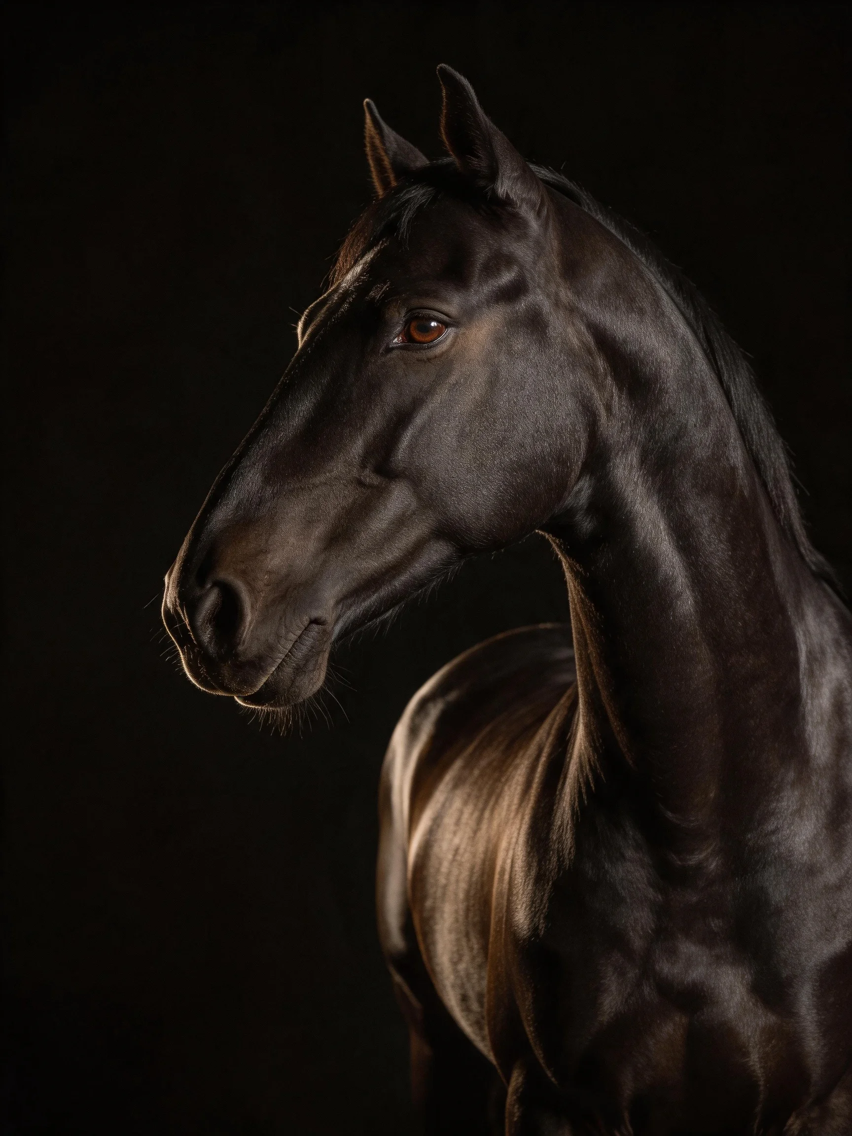 A sleek black horse showcases its glossy coat under dramatic lighting.