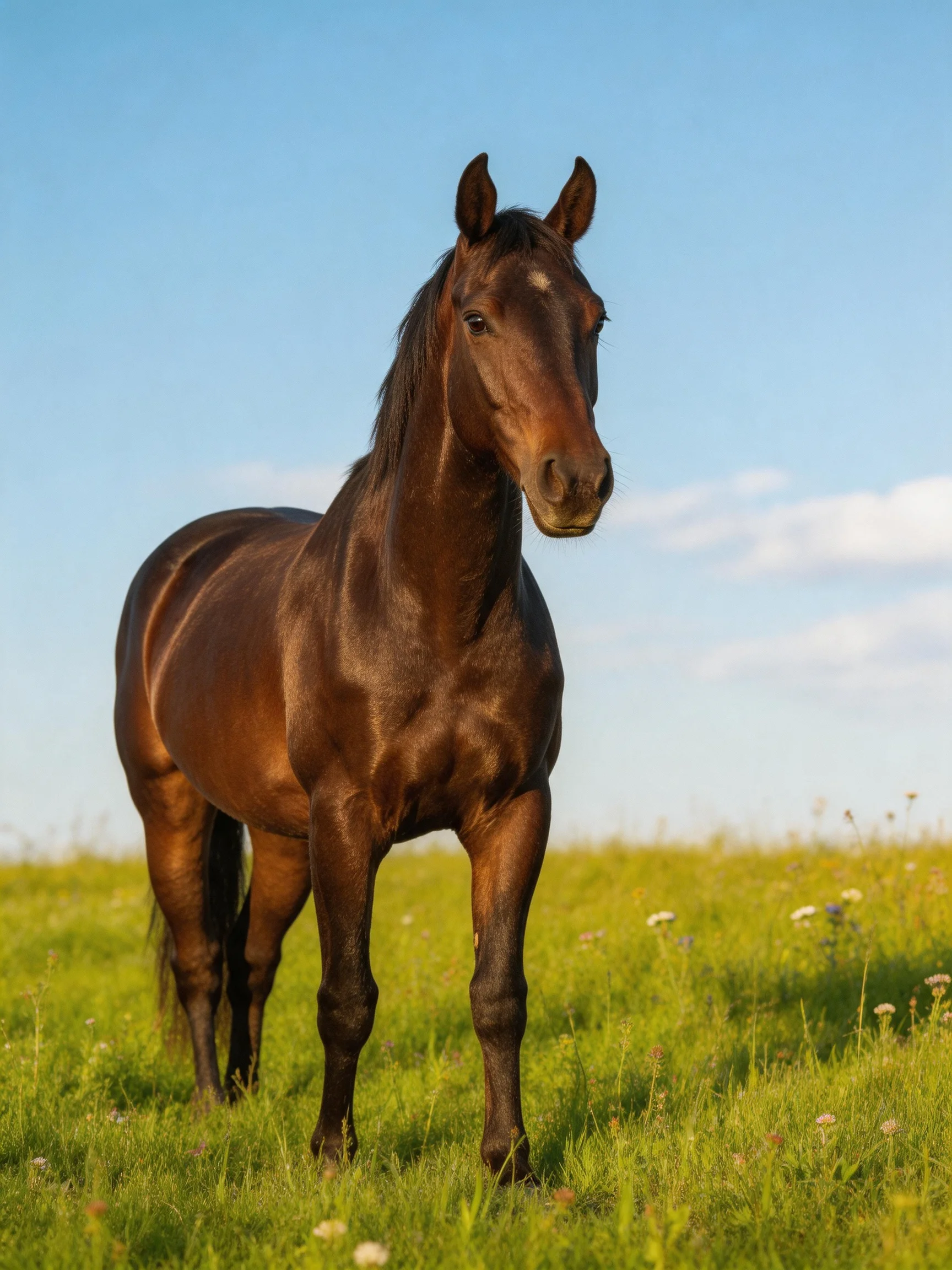 A sleek brown horse stands in a vibrant green meadow under clear blue sky