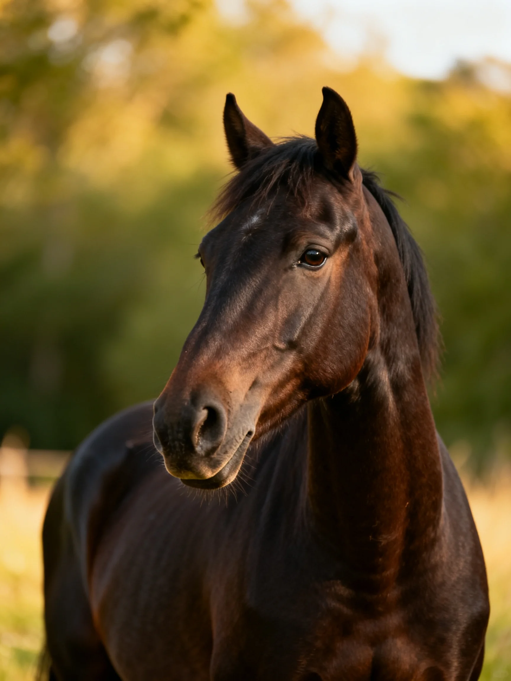 A dark brown horse stands in a sunlit natural environment.
