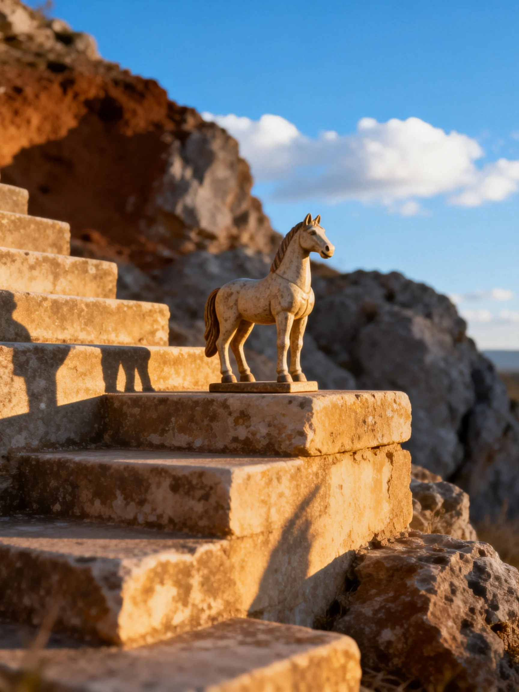 A small beige horse figurine atop ancient stone steps near rocky formations