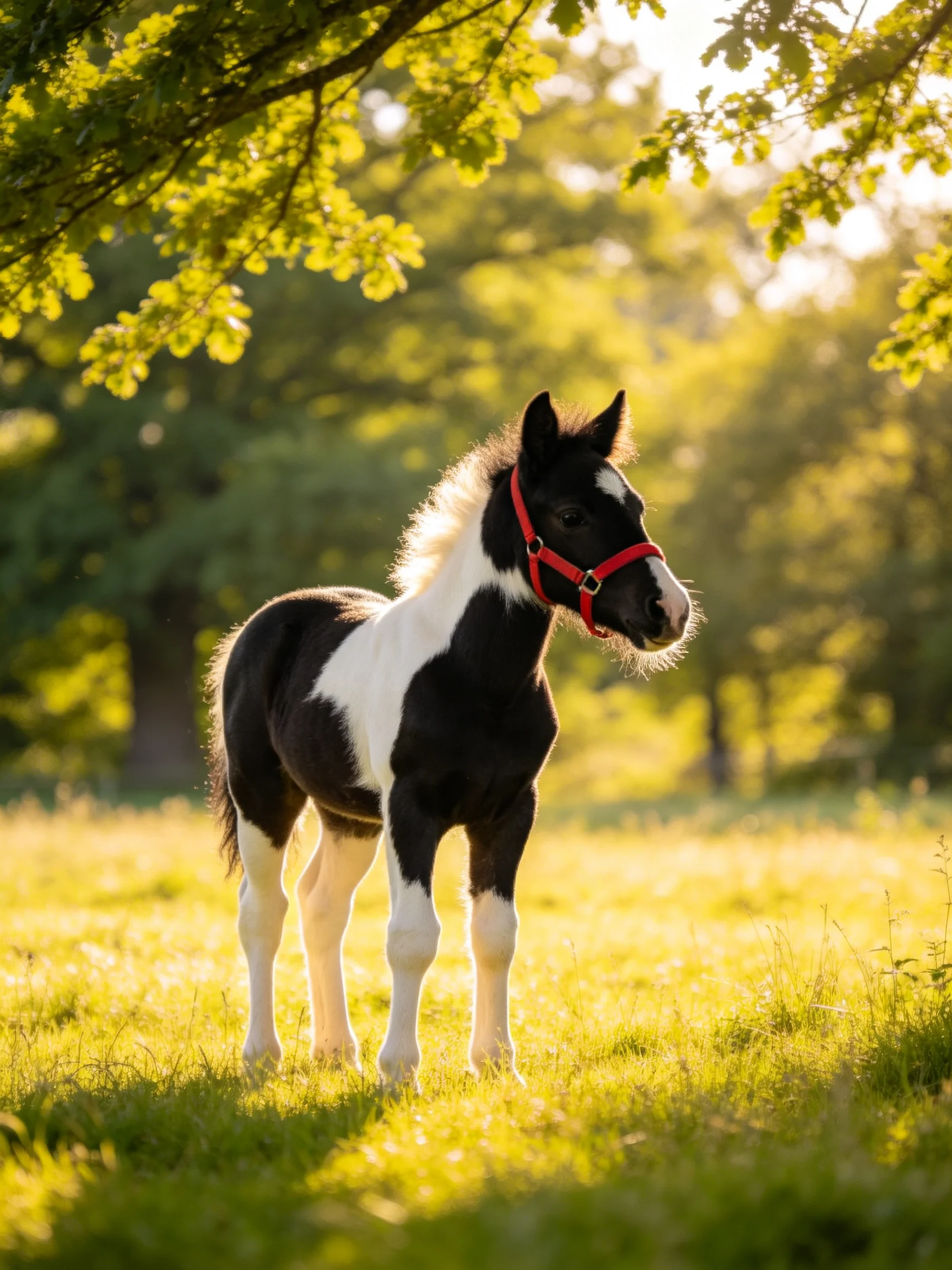 A small black-and-white pony stands in a sunlit meadow with greenery