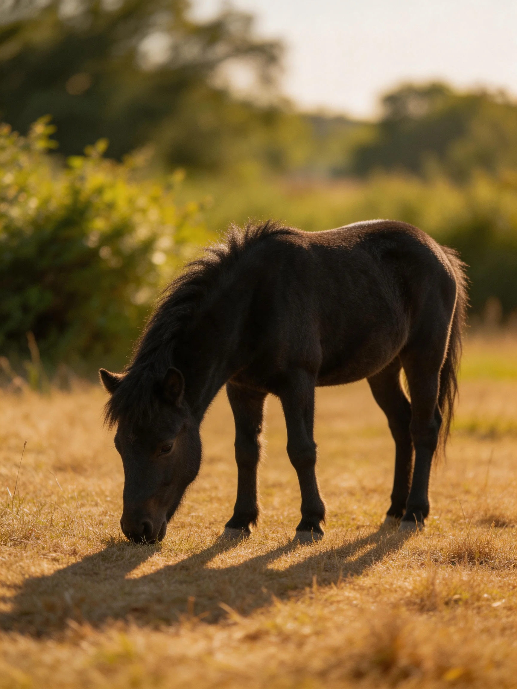 A small black pony grazing in a sunlit field with golden grass