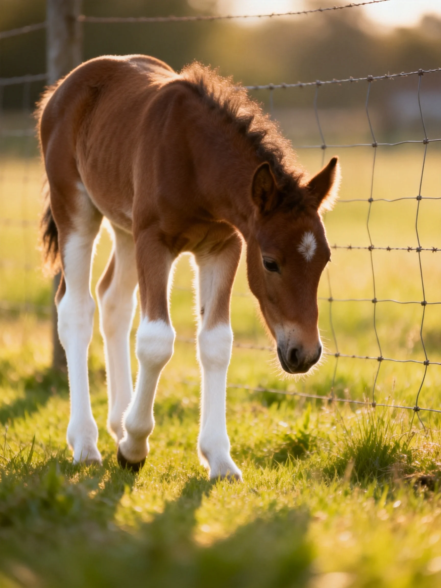 A small brown and white foal stands near a wire fence in a sunlit meadow