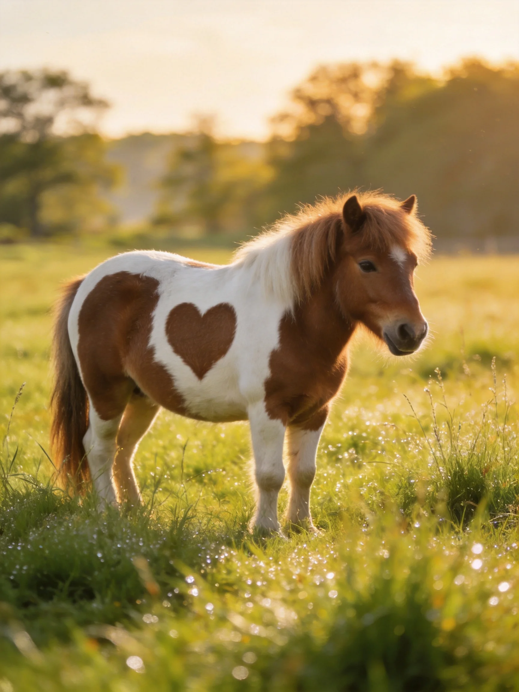 A small brown-and-white pony with a heart-shaped patch in a sunlit meadow