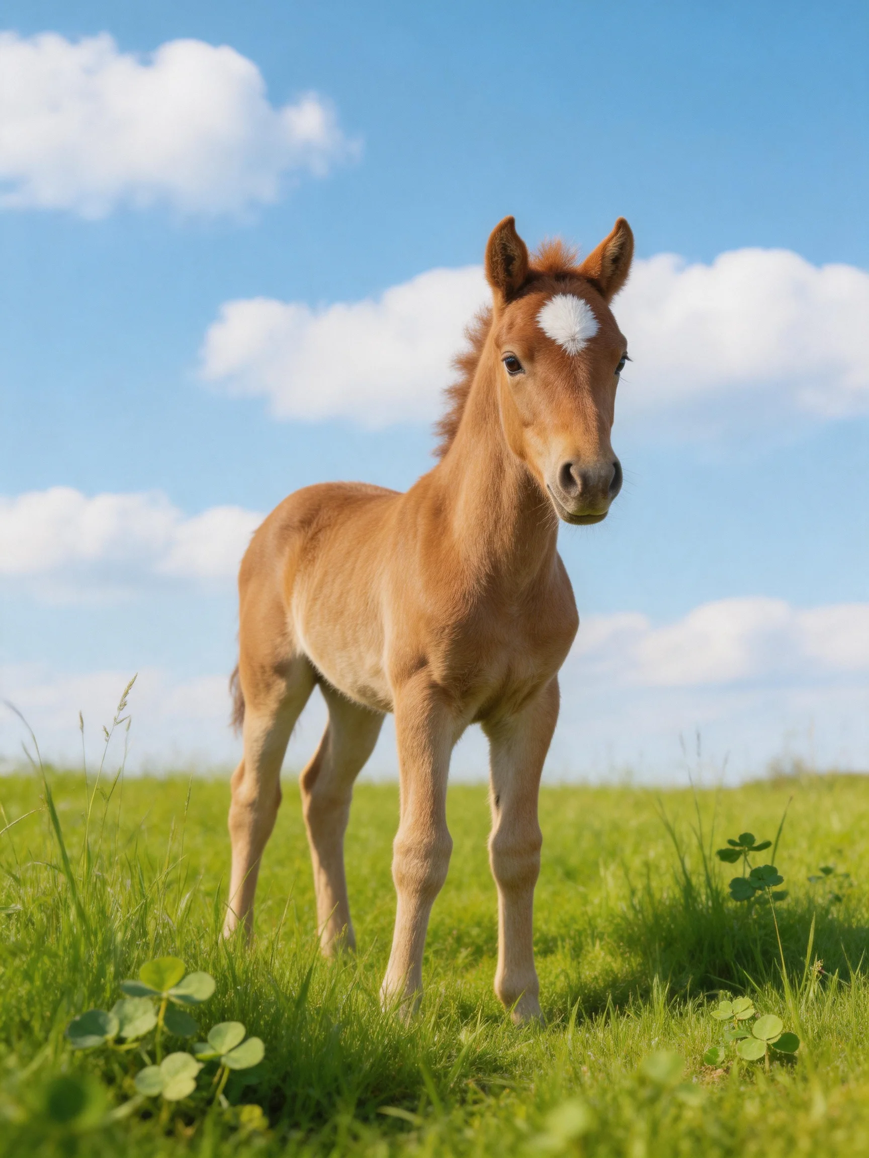 A young brown foal stands in a sunny meadow.