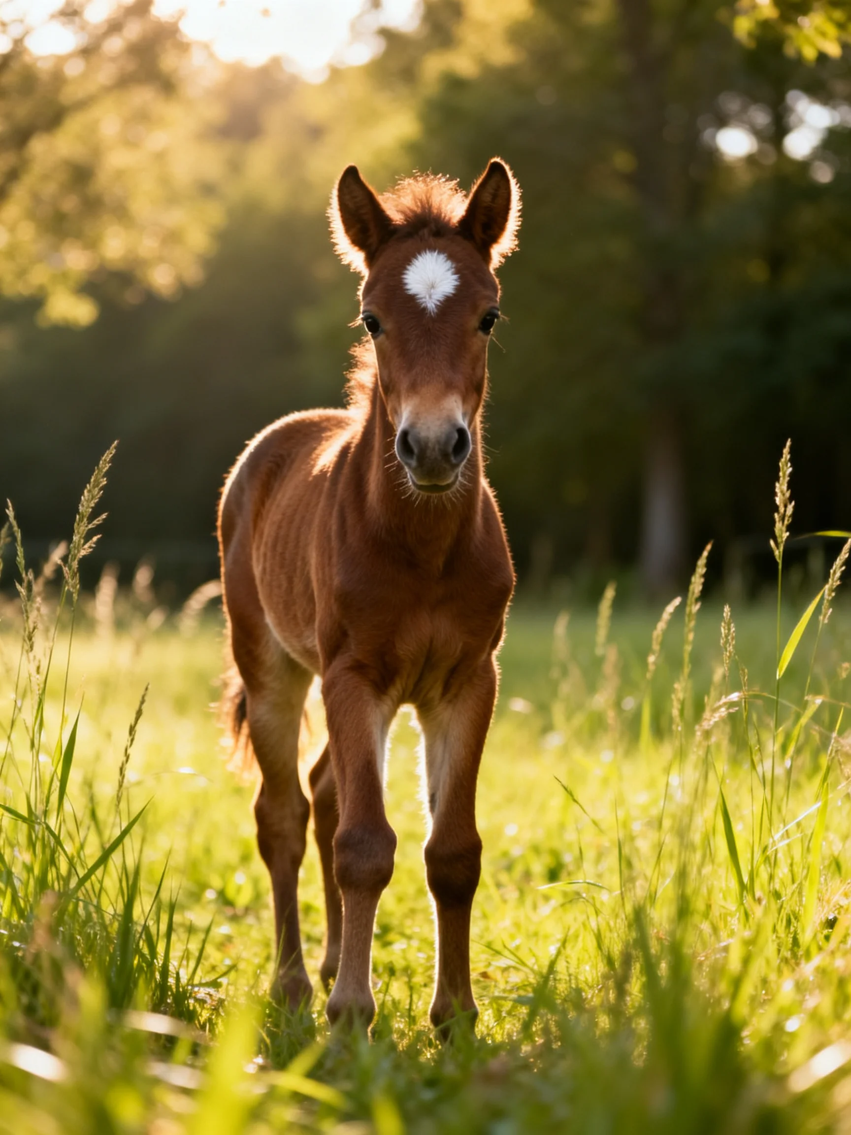 A small brown foal in a sunlit green meadow