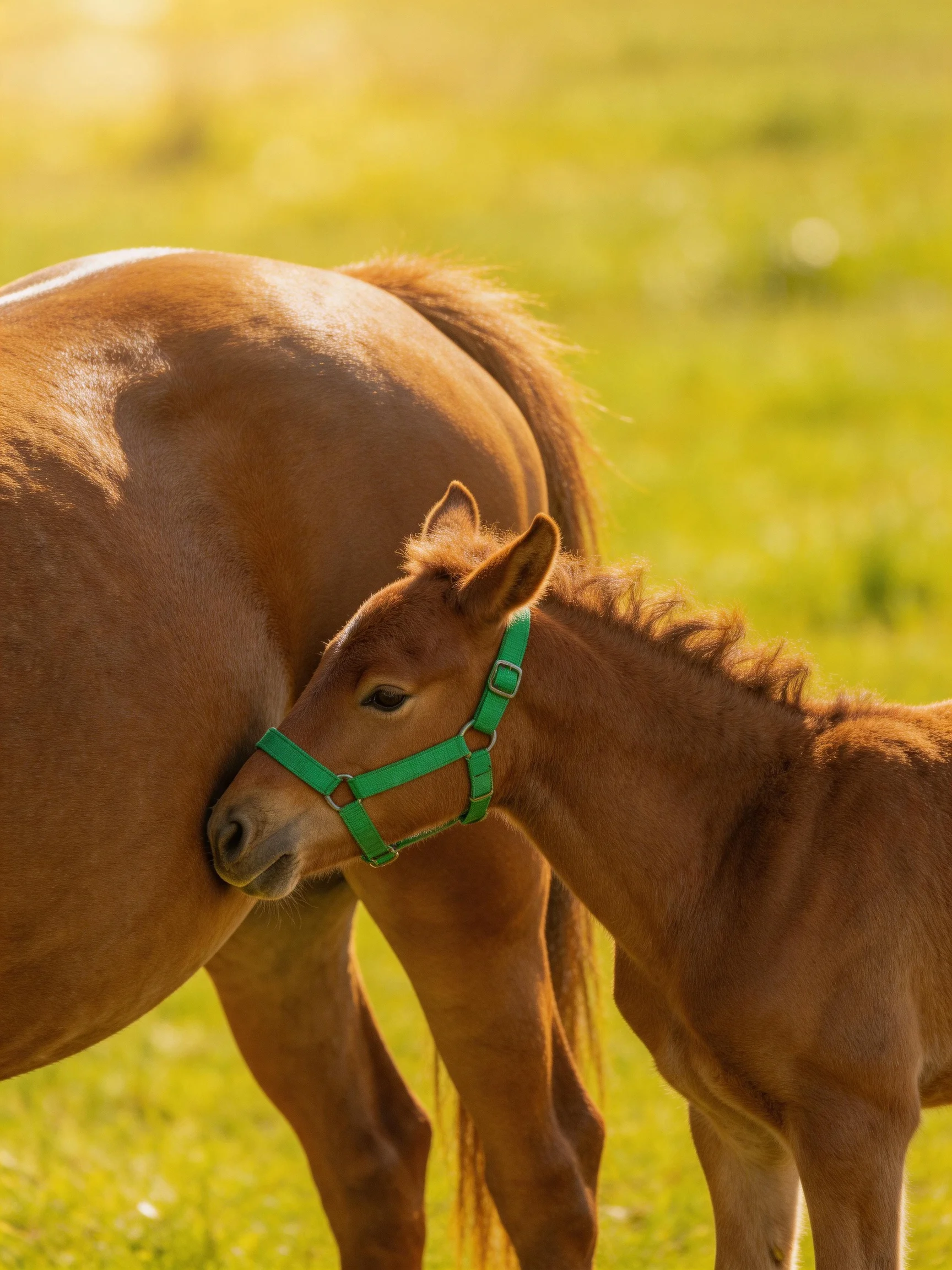 A small brown foal nuzzles a large brown mare in a sunlit meadow