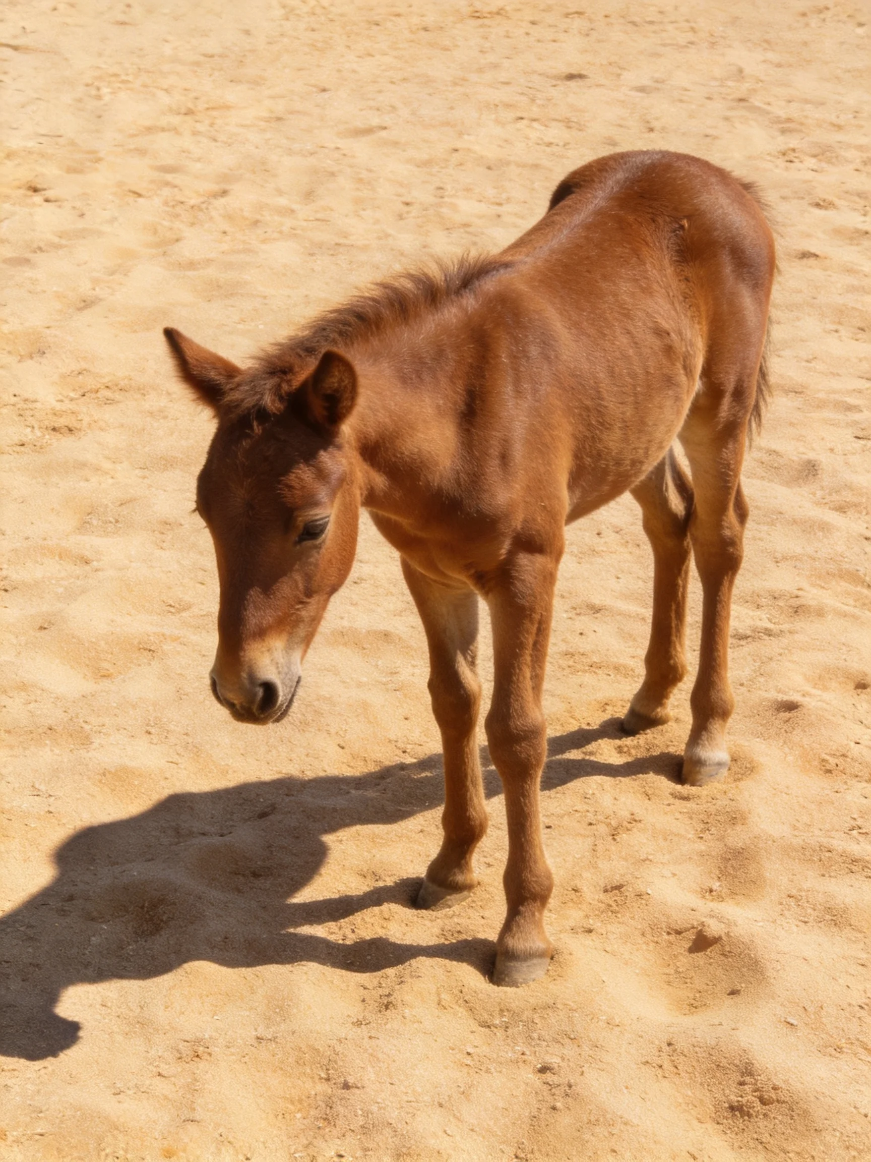 A small brown foal on sun-drenched sandy ground