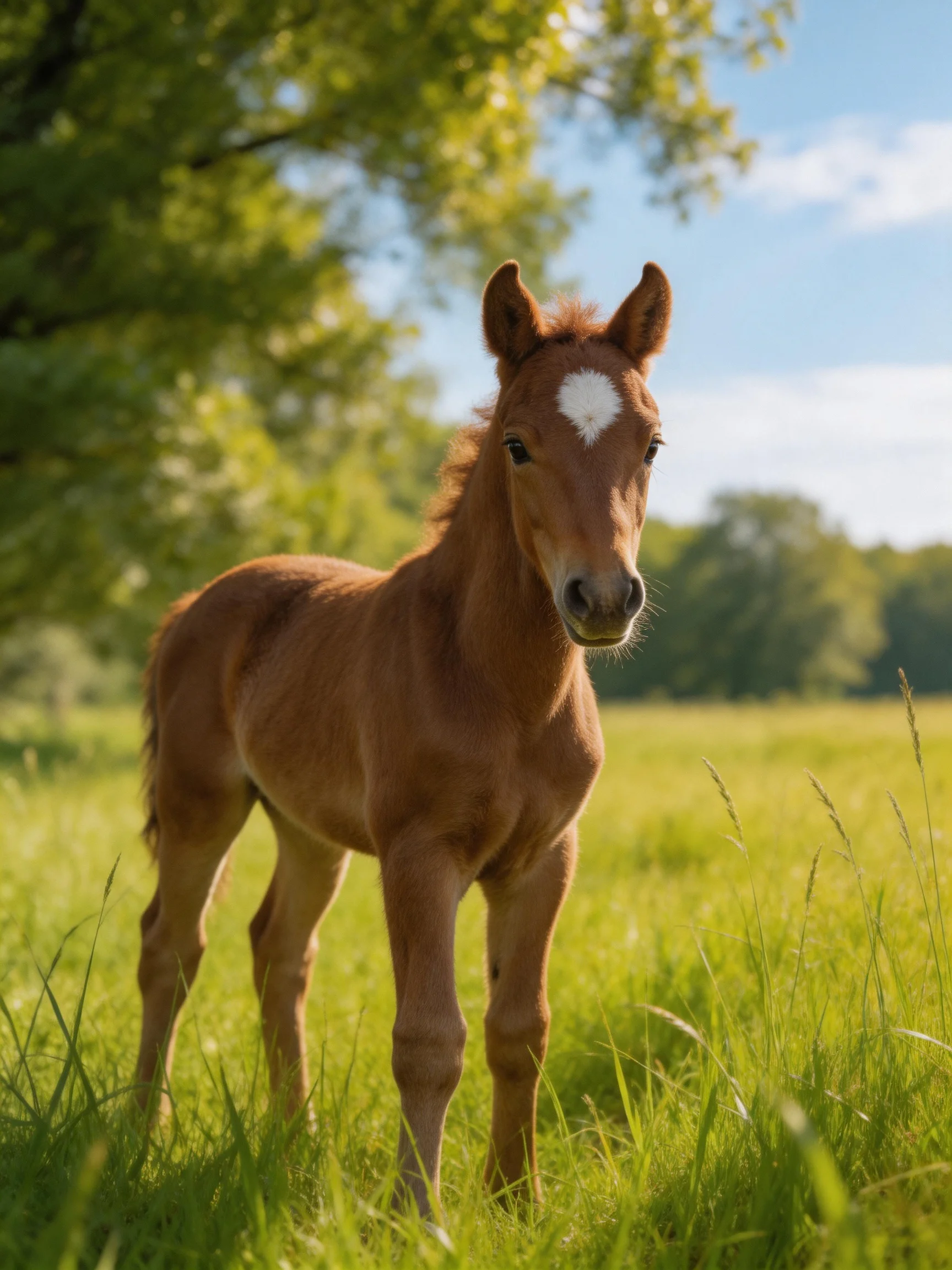 A small brown foal stands in a lush green meadow near tall trees