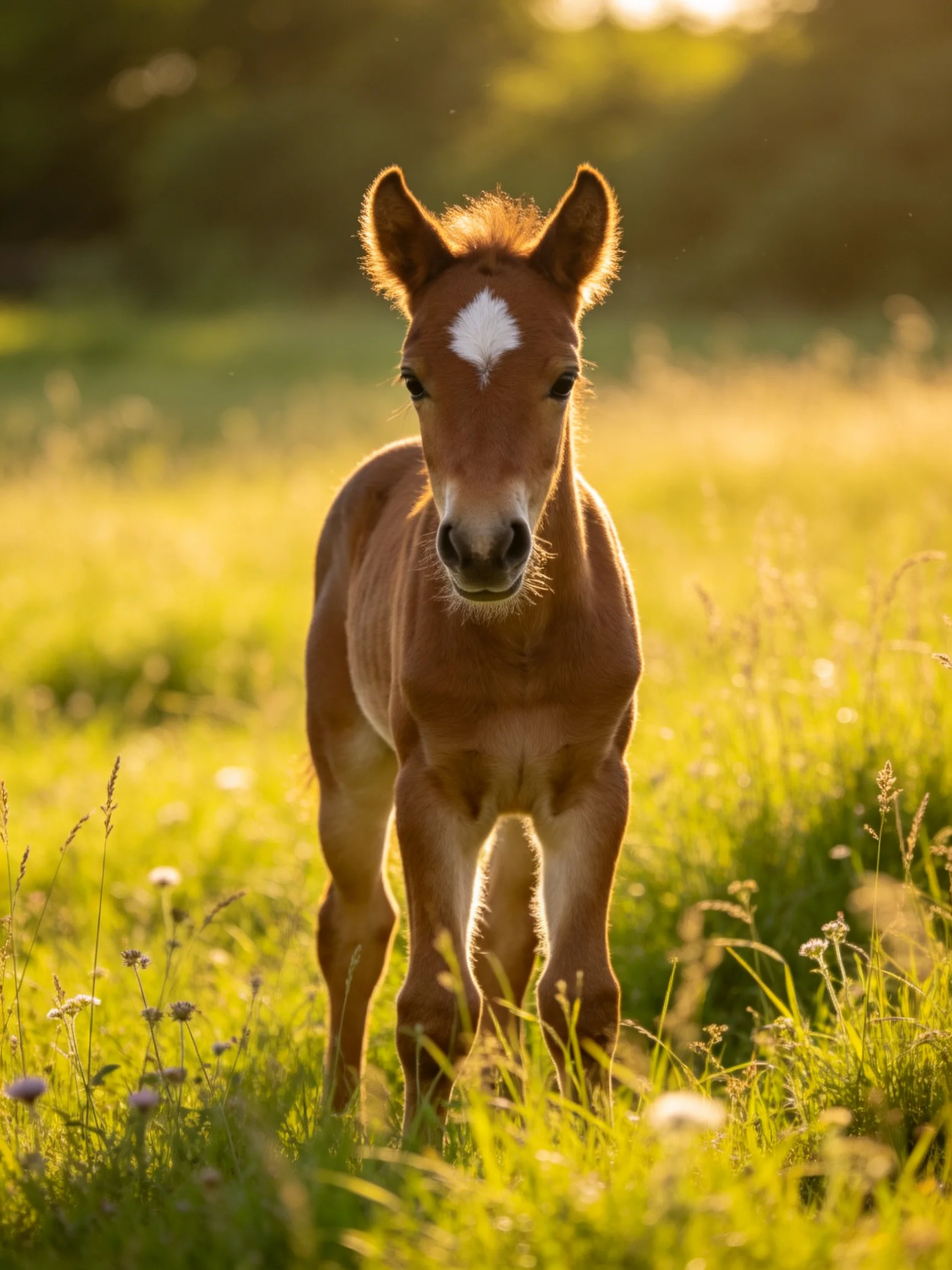 A young brown foal stands in a sunlit meadow surrounded by tall grass.