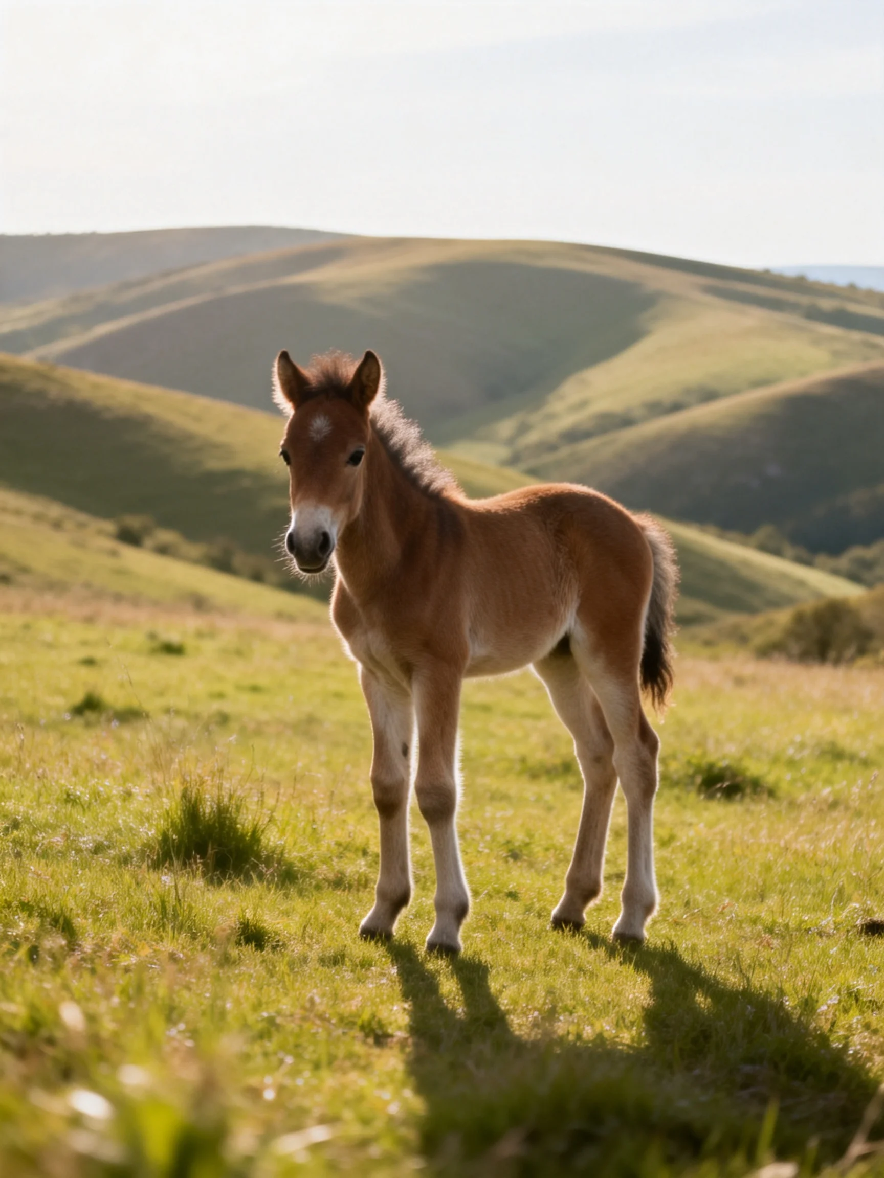 A small brown foal stands in a sunlit green meadow with rolling hills