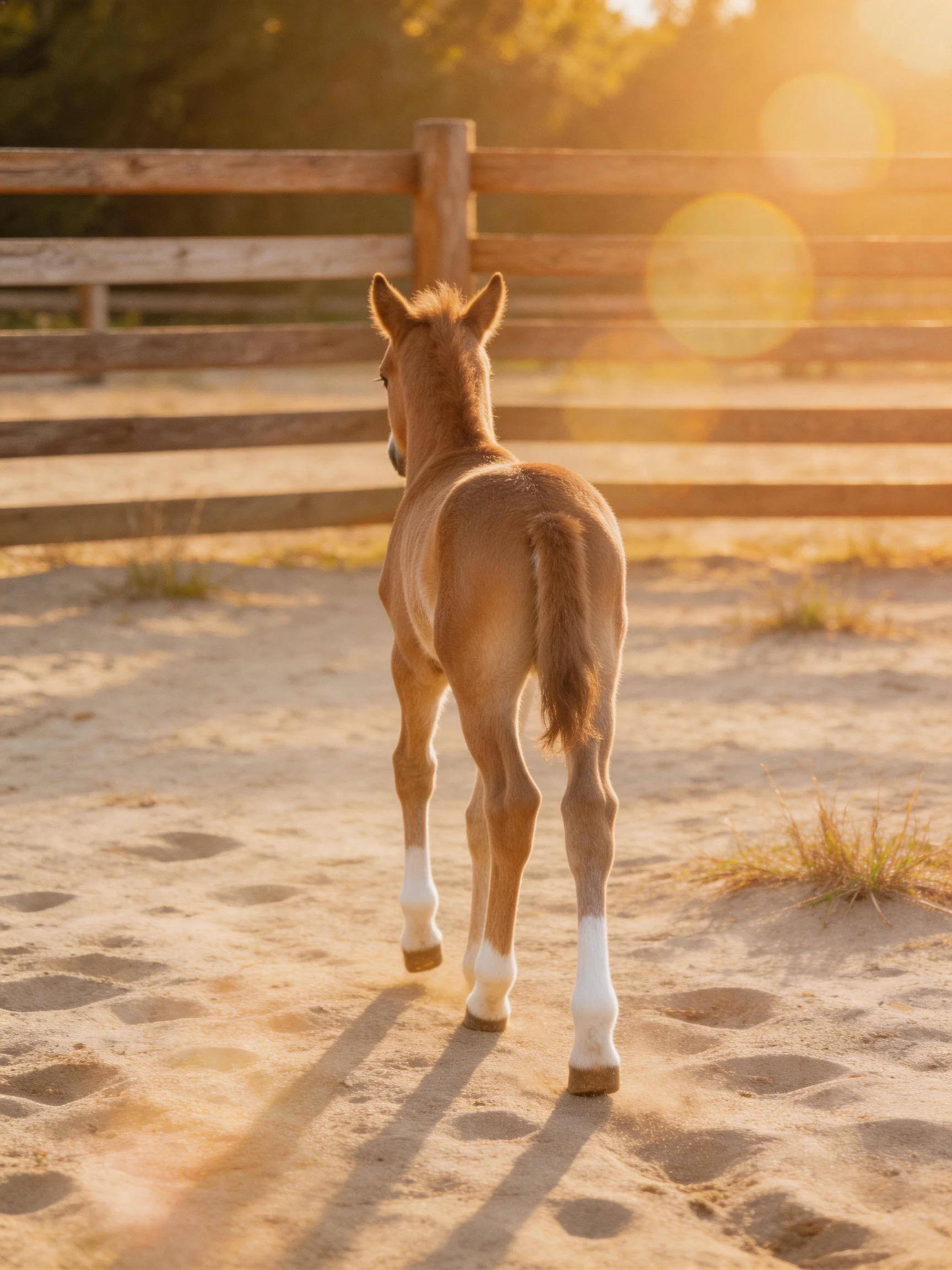 A small brown foal walks near a wooden fence in golden light