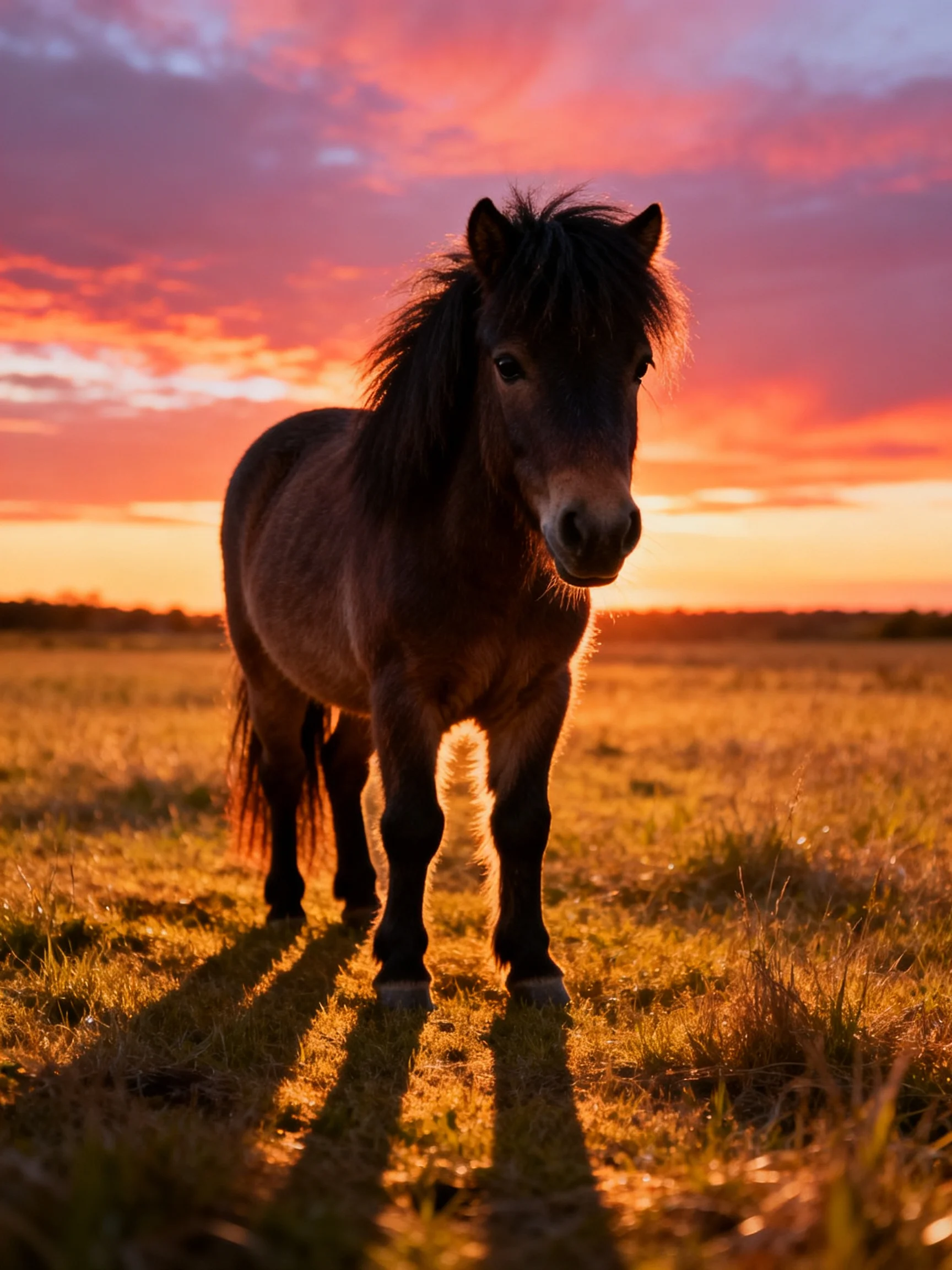 A small brown pony in a golden field under vibrant sunset skies