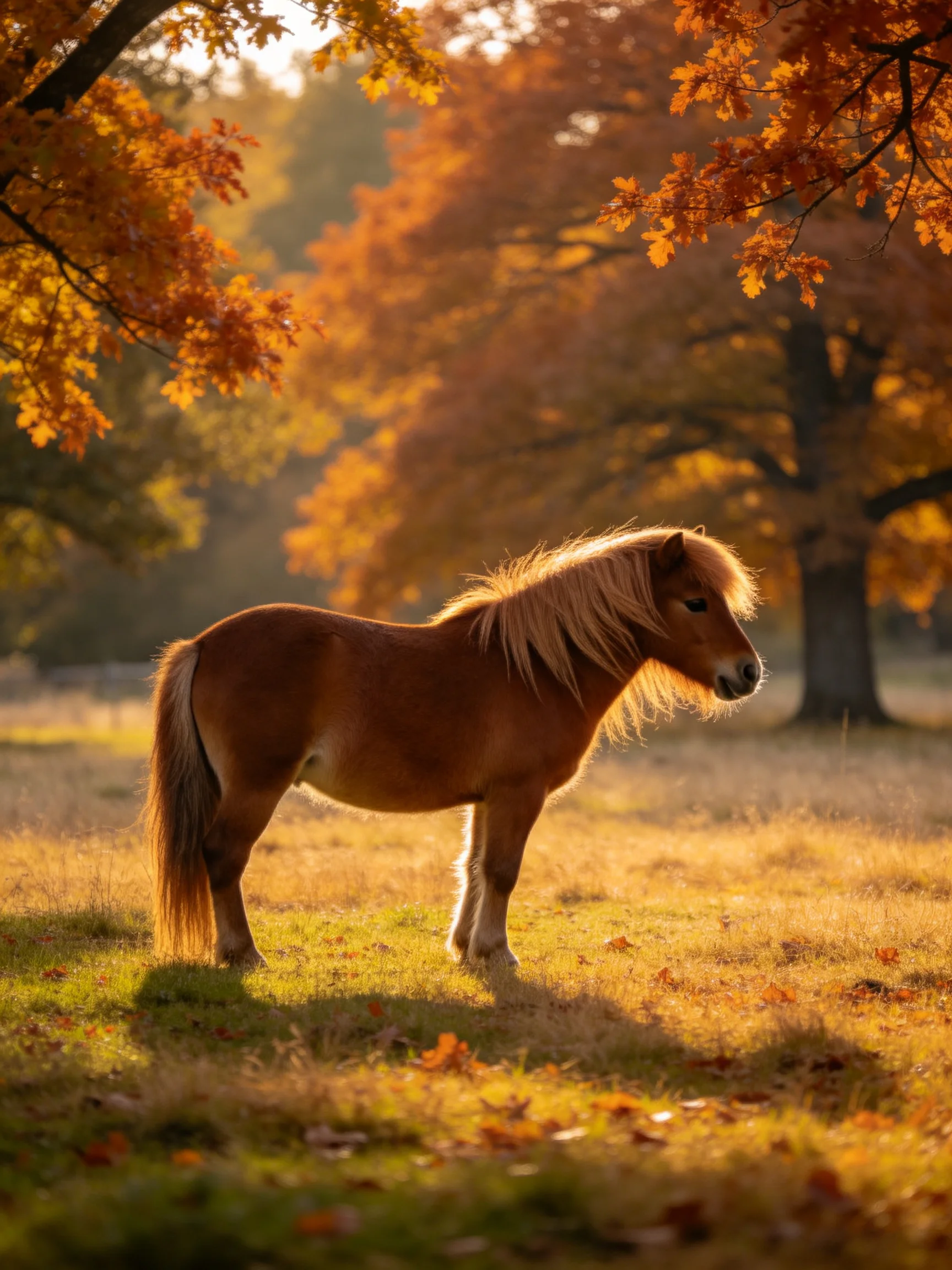 A small brown pony stands amid golden autumn foliage under warm sunlight