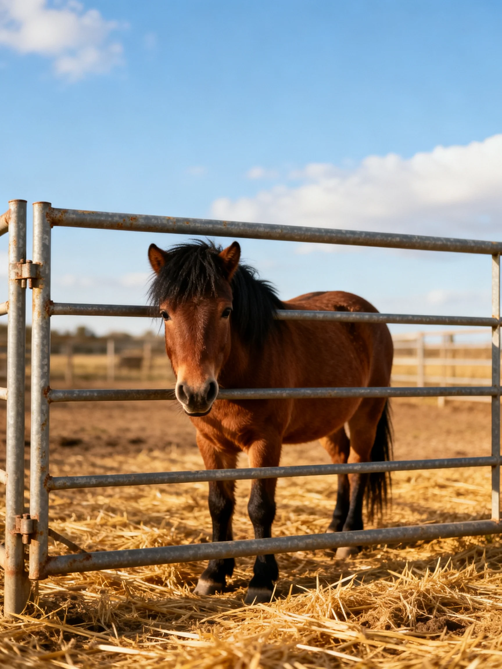A small brown pony stands behind a metal fence with golden straw