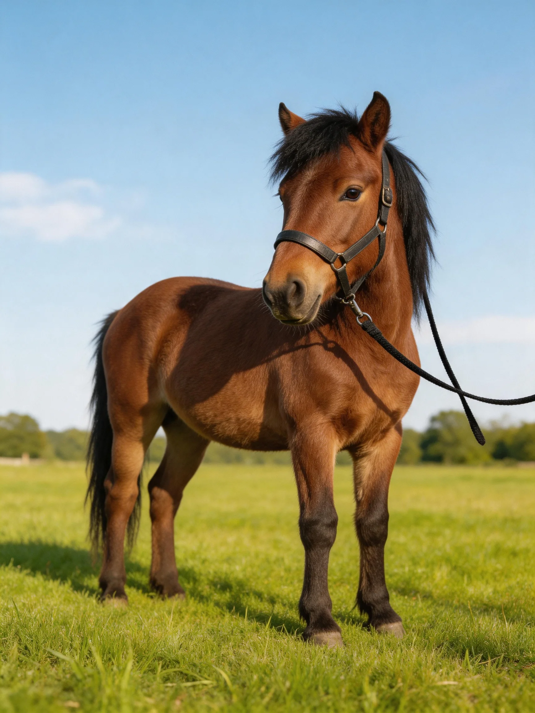 A small brown pony stands in a lush green meadow under clear blue sky