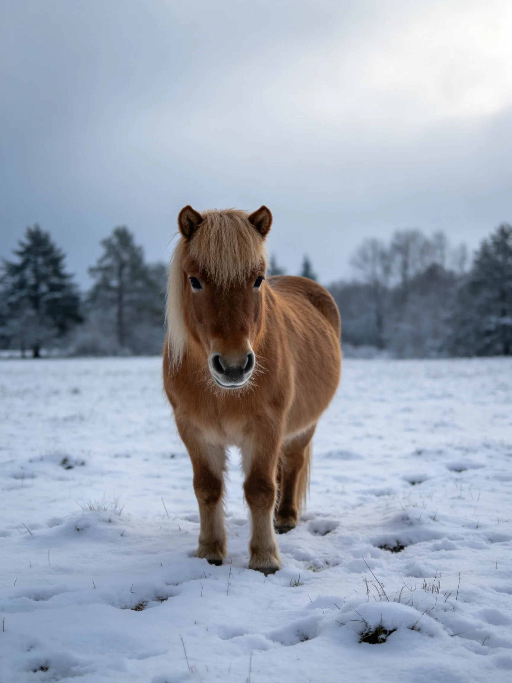 A small brown pony stands in a snow - covered open field