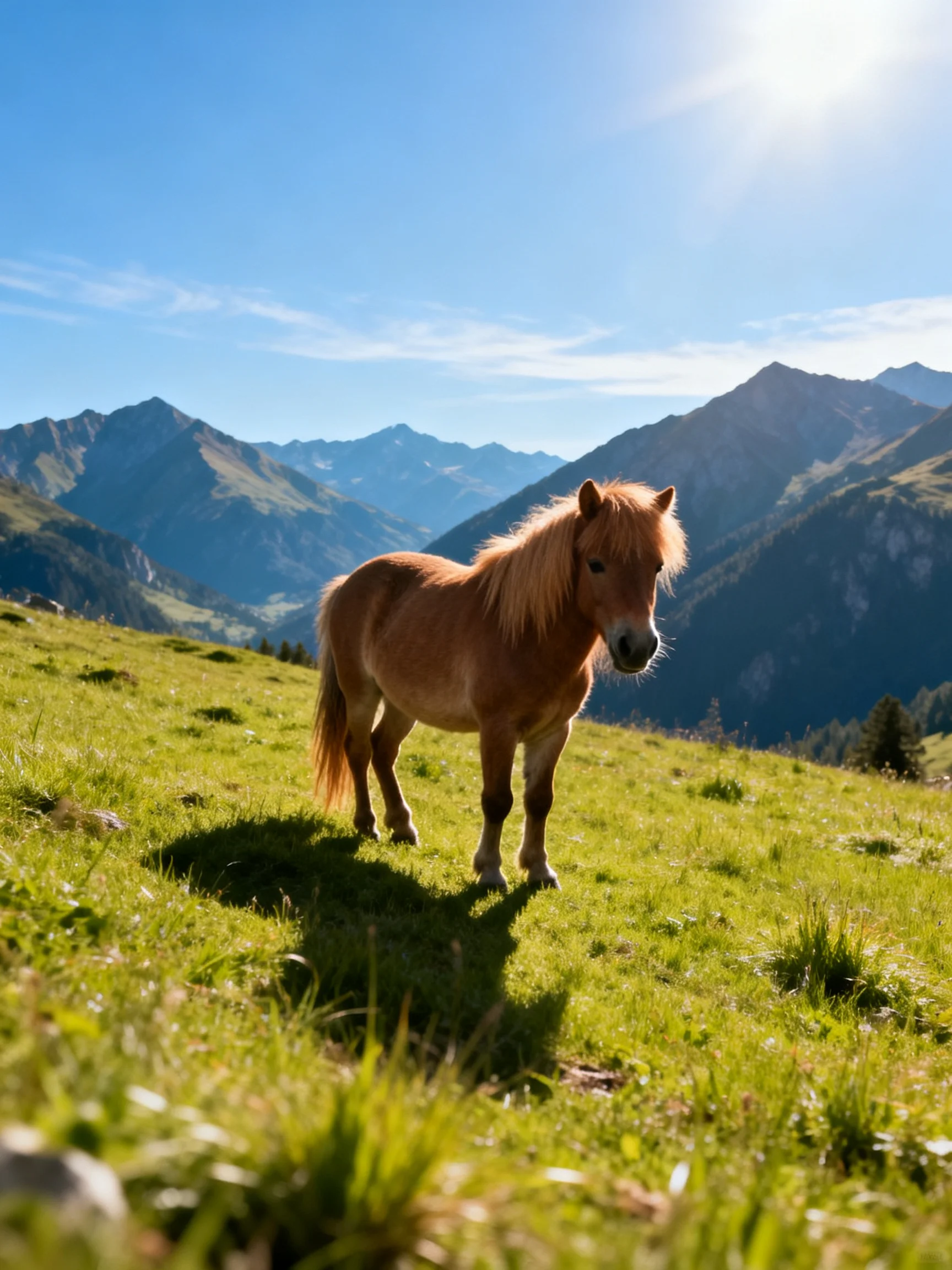 A small brown pony stands on a lush green meadow near mountain peaks