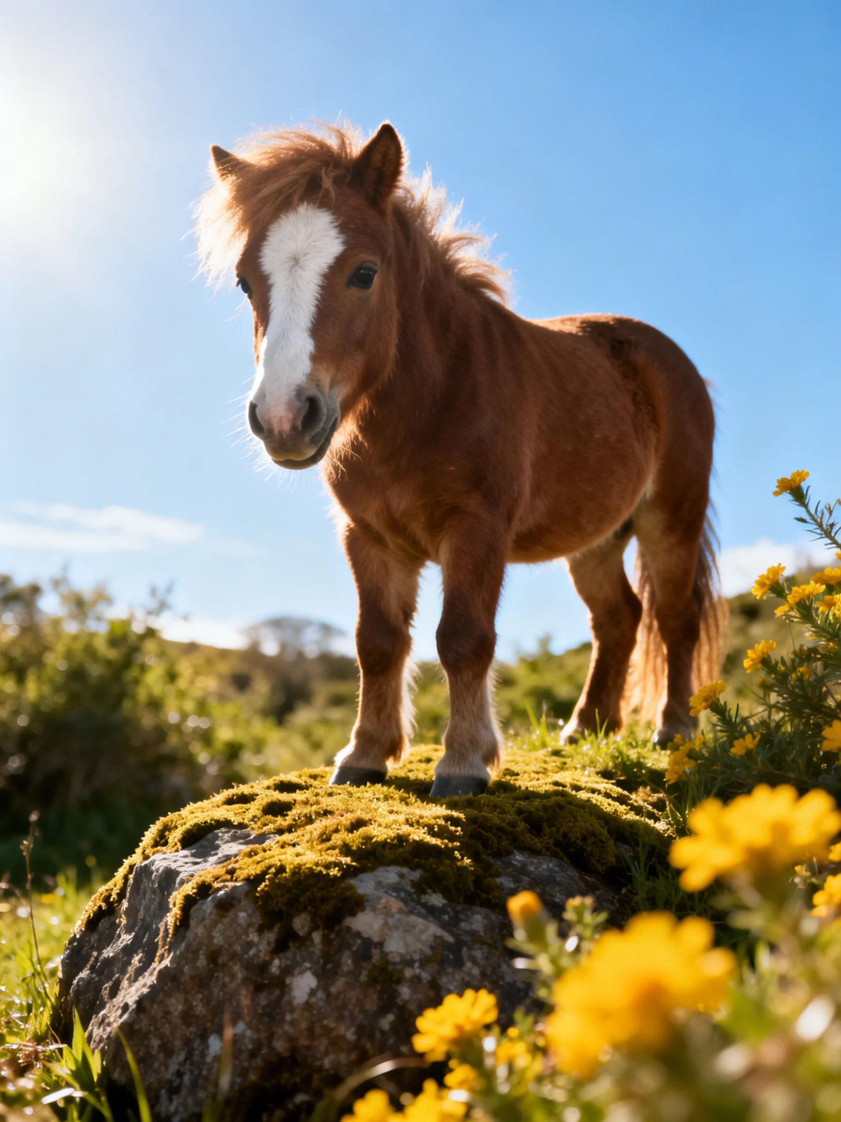A small brown pony stands on a mossy rock near yellow wildflowers