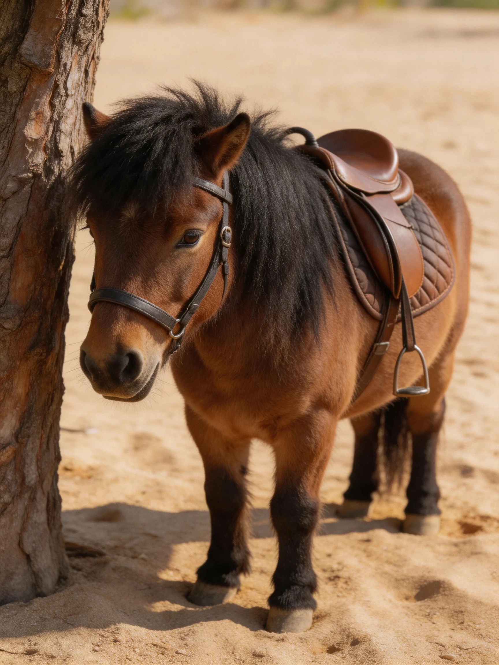 A small brown pony with a black mane stands by a tree on sandy ground