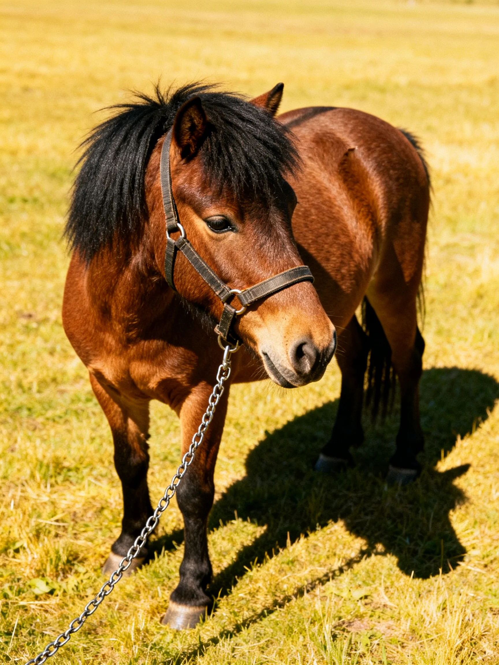 A small brown pony with a black mane stands in a golden field